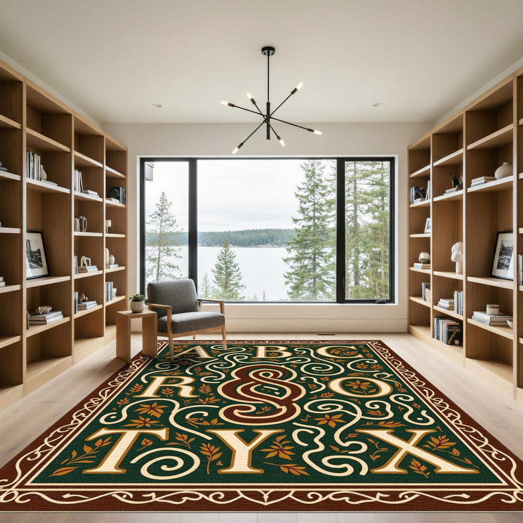 Ornate Green Capital Letters Floral Rug