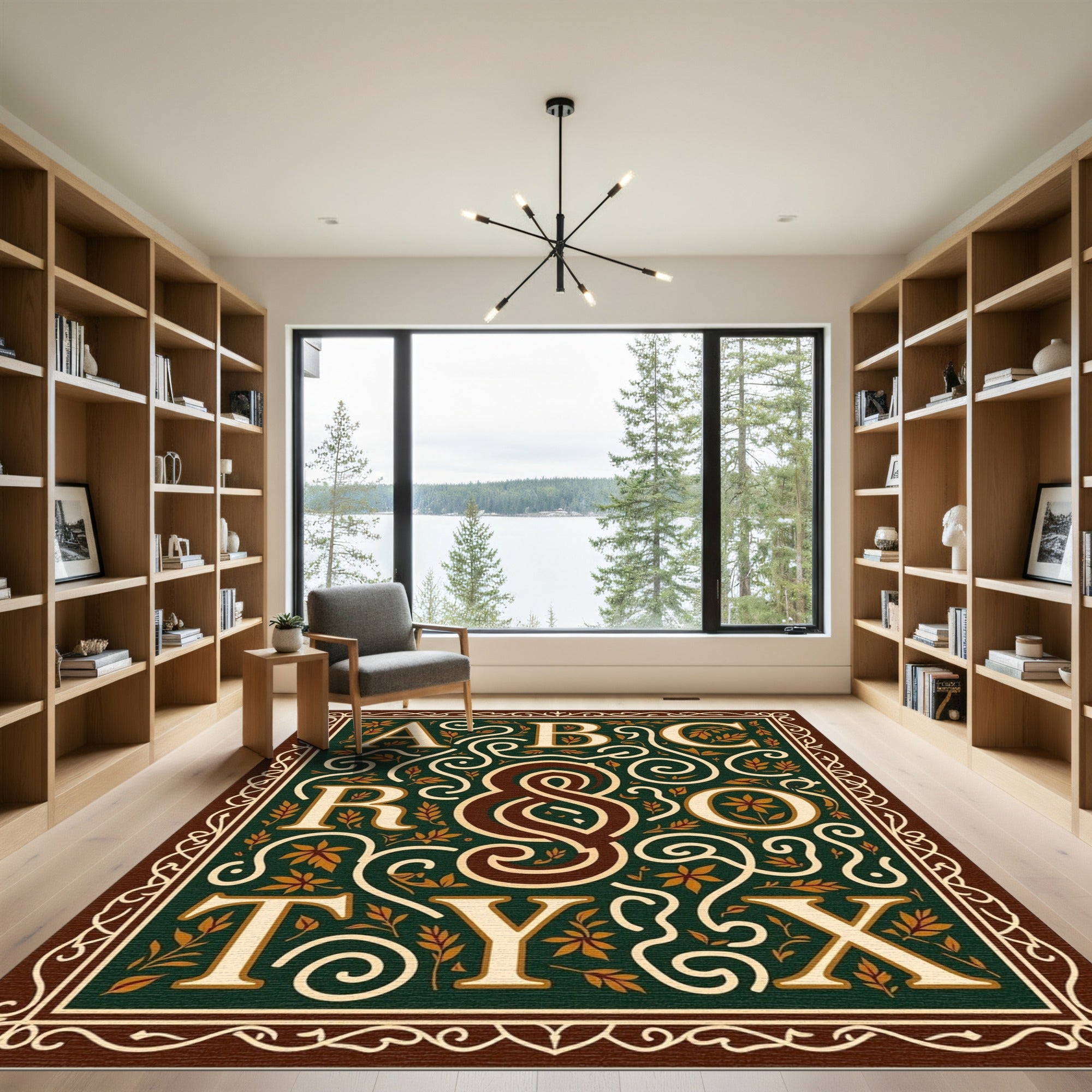 Ornate Green Capital Letters Floral Rug