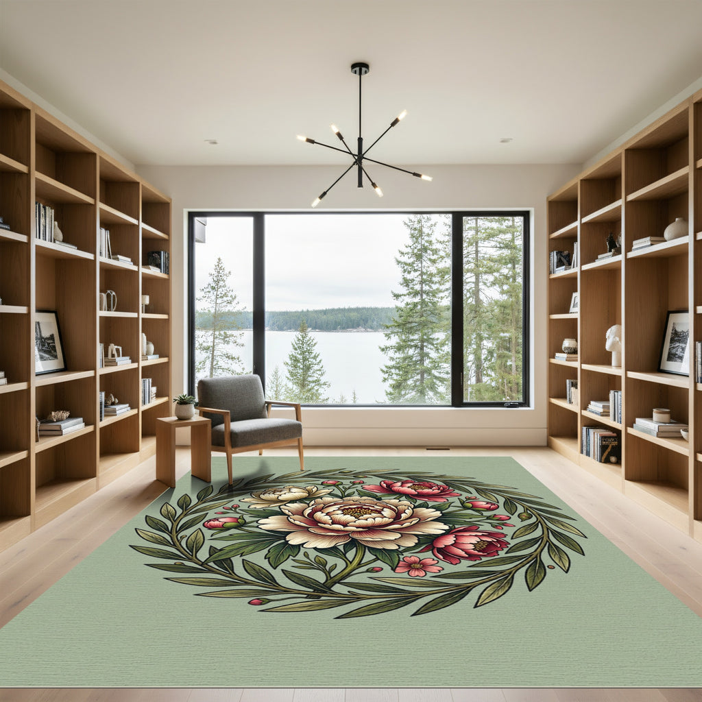 Elegant Sage Peony Floral Wreath Rug