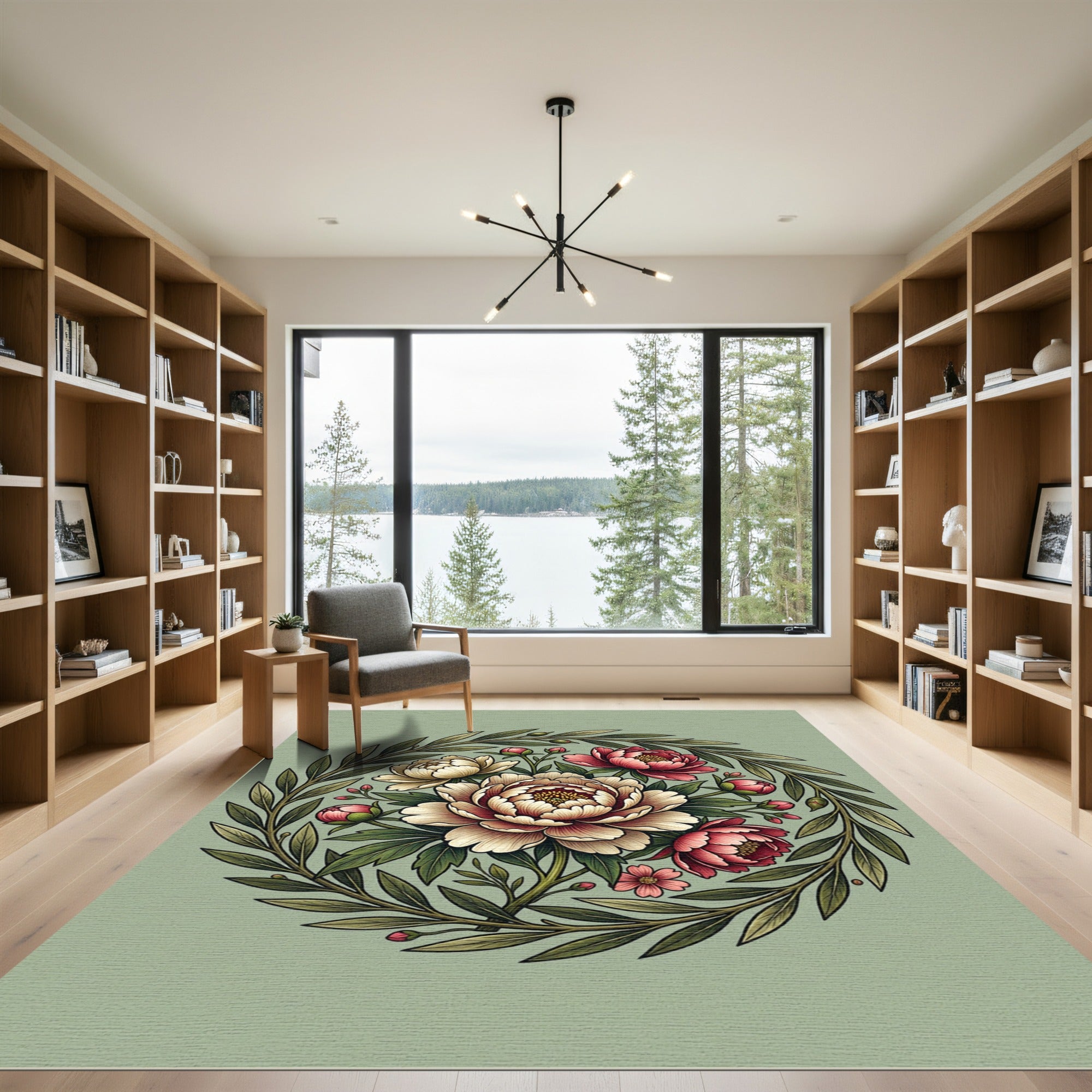 Elegant Sage Peony Floral Wreath Rug