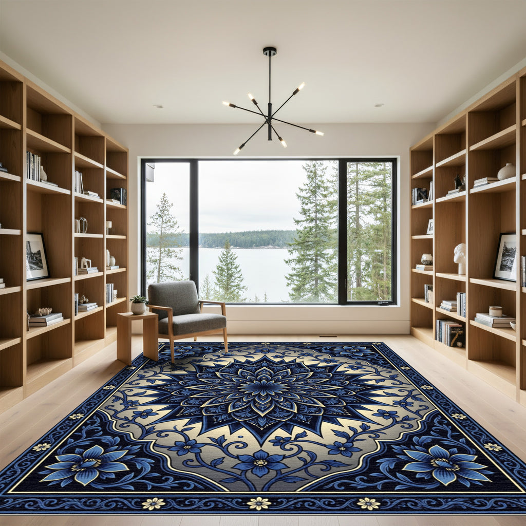 Elegant Azure Floral Medallion Border Rug