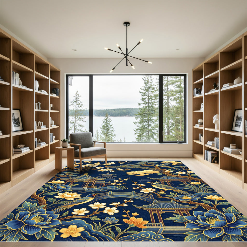 Golden Chinoiserie Floral Pagoda Navy Rug