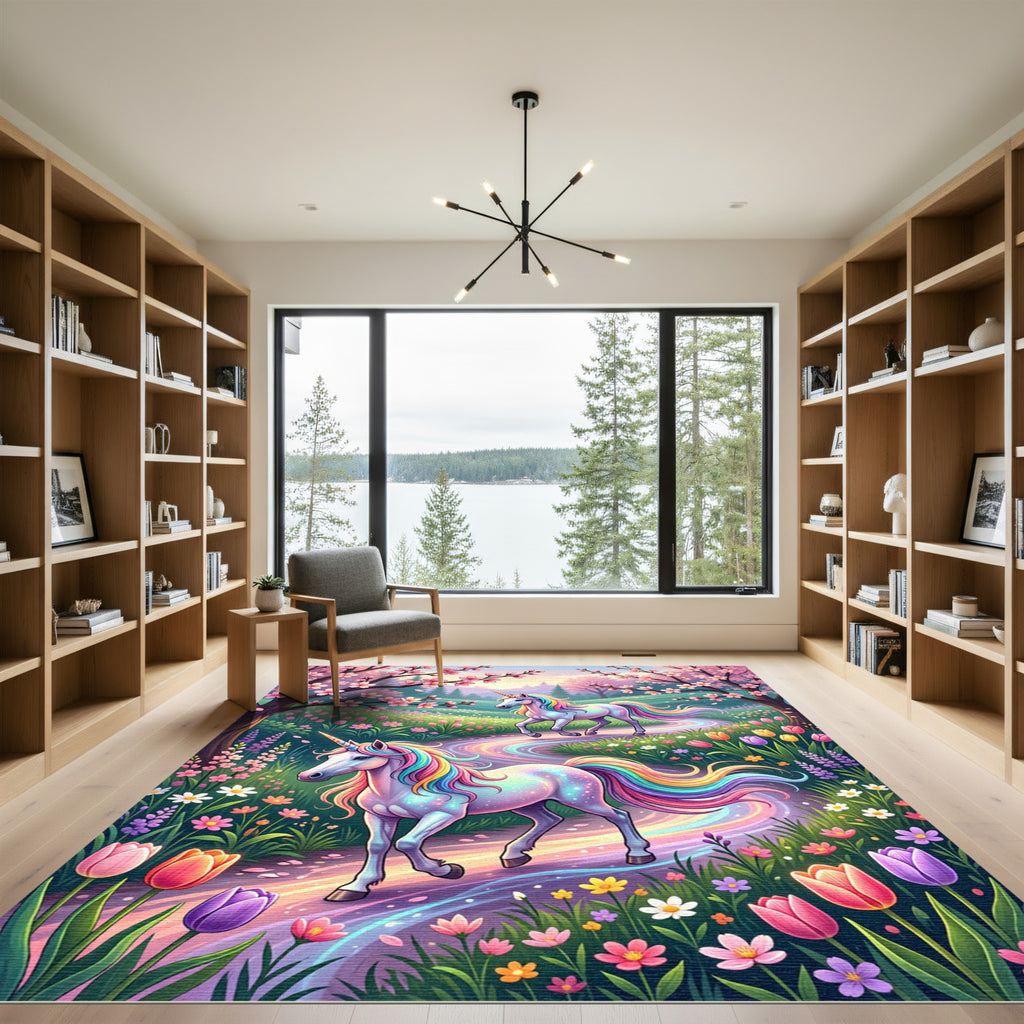 Whimsical Rainbow Unicorn Spring Garden Floral Rug