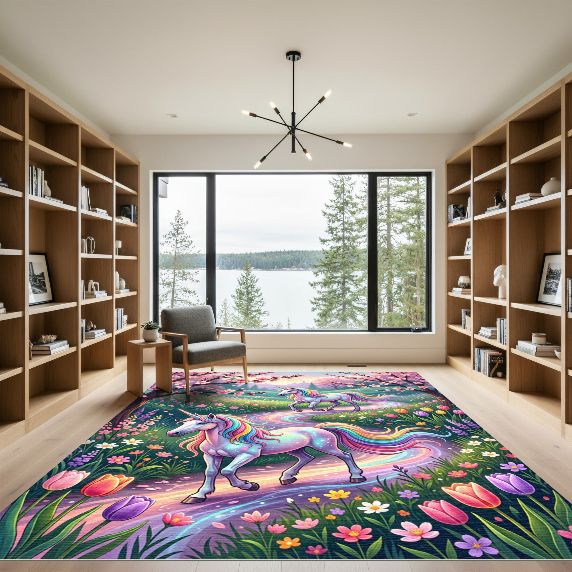 Whimsical Rainbow Unicorn Spring Garden Floral Rug