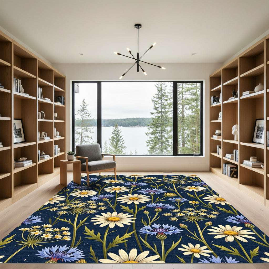 Daisies and Cornflowers on Navy Blue Rug
