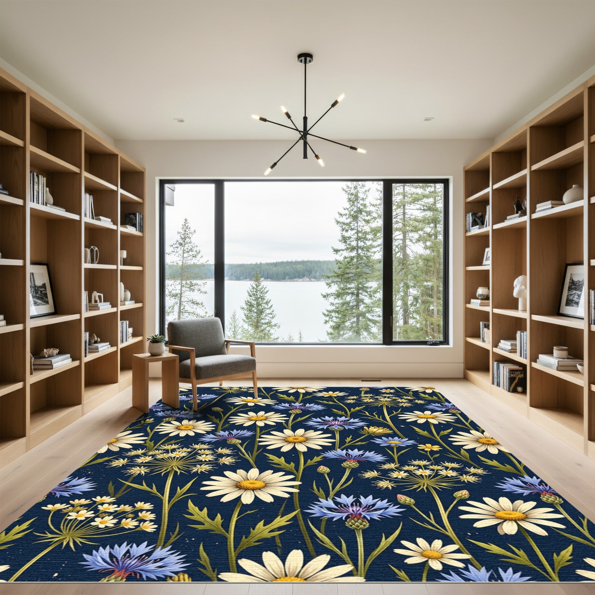 Daisies and Cornflowers on Navy Blue Rug