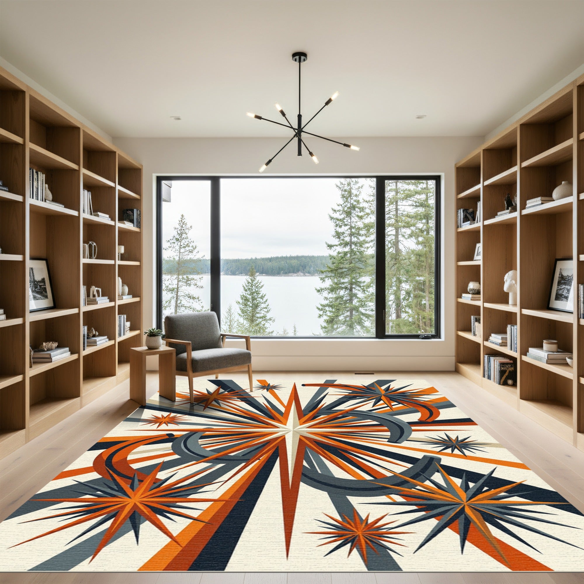 Midcentury Orange and Charcoal Starburst Rug