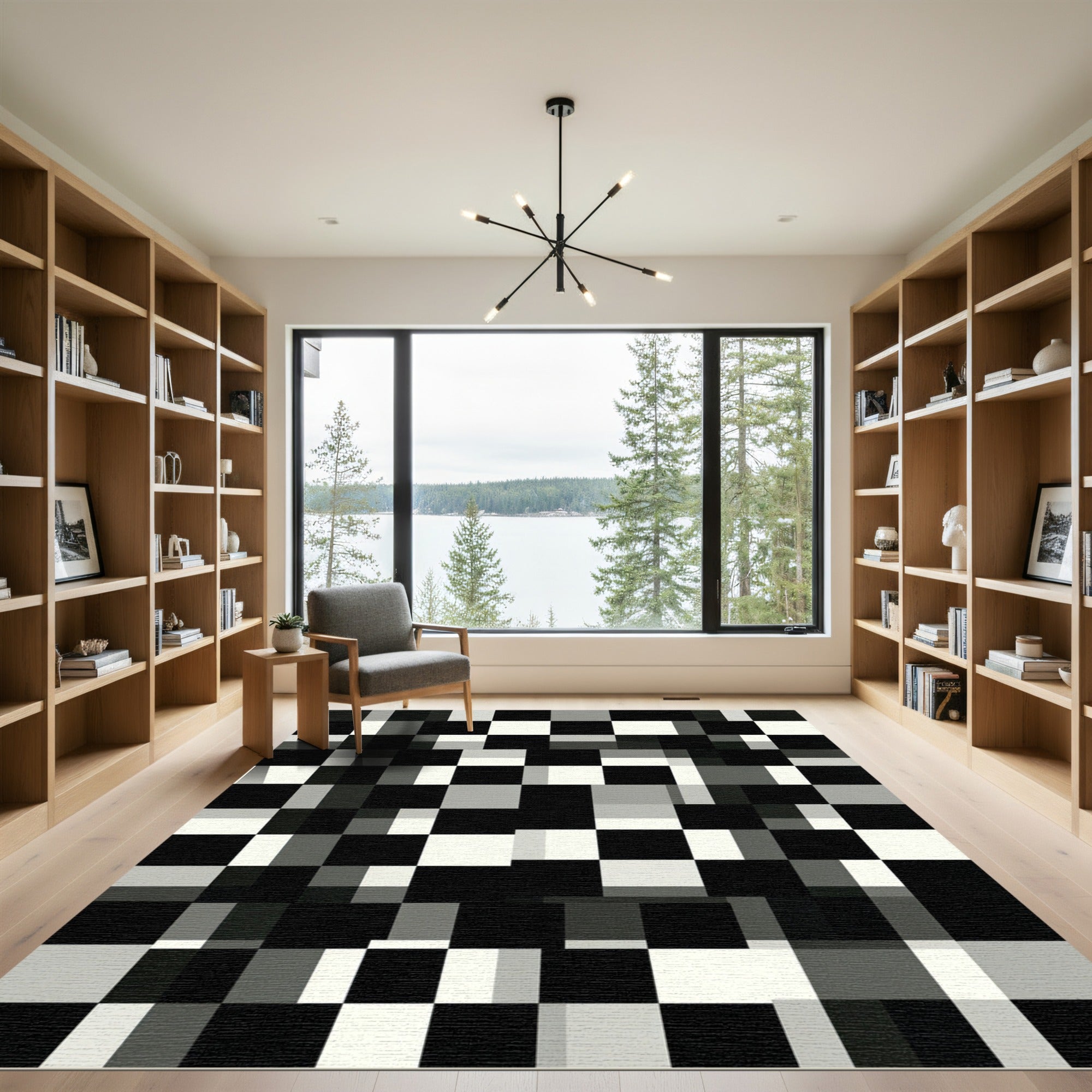 Black White Gray Block Chessboard Rug