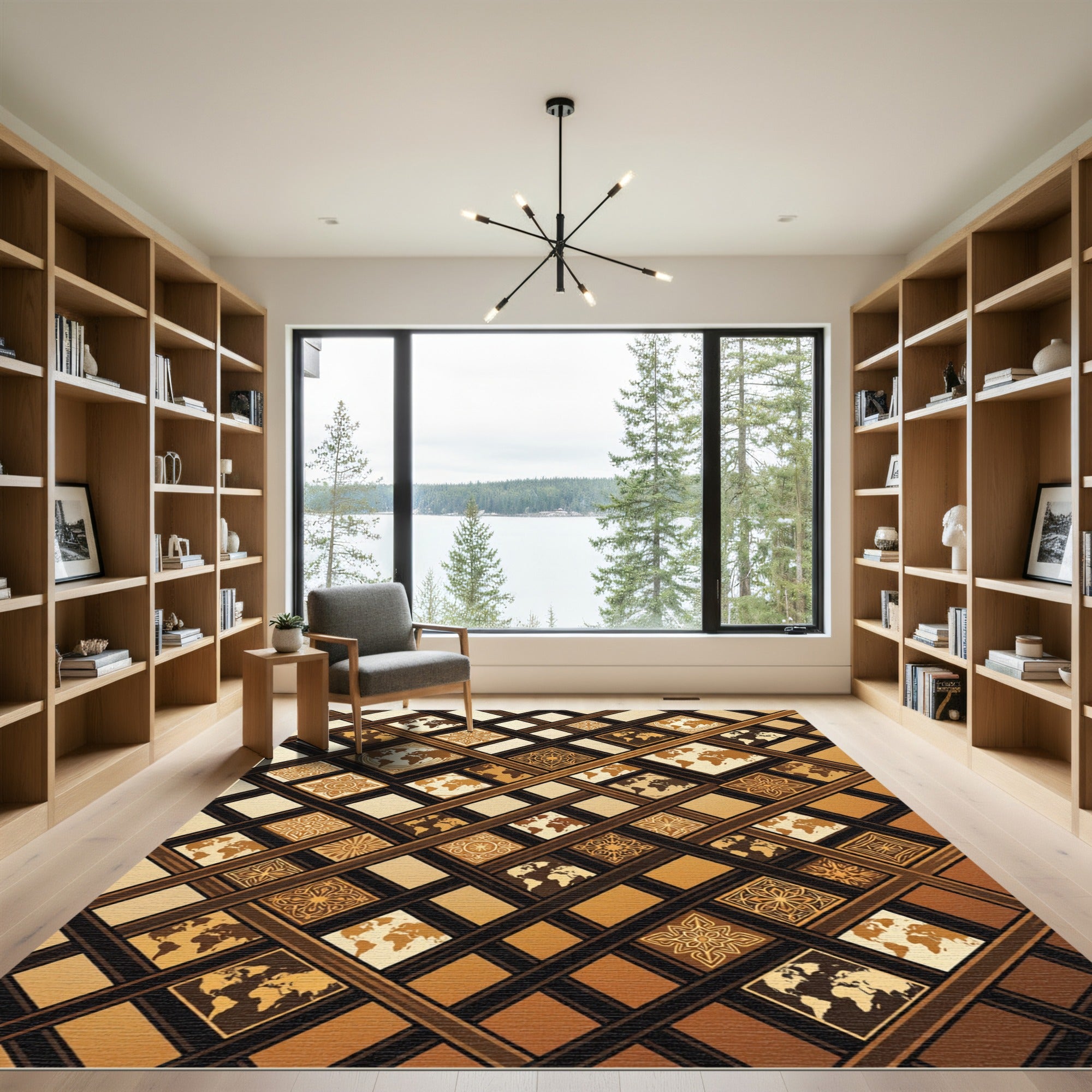 Golden Geo World Map Lattice Floor Rug