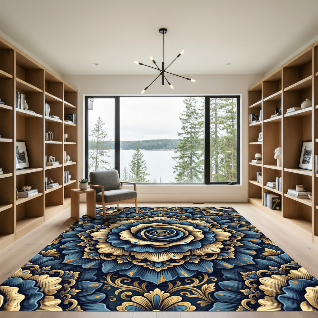 Ornate Blue and Gold Floral Mandala Rug