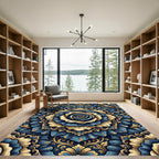 Ornate Blue and Gold Floral Mandala Rug