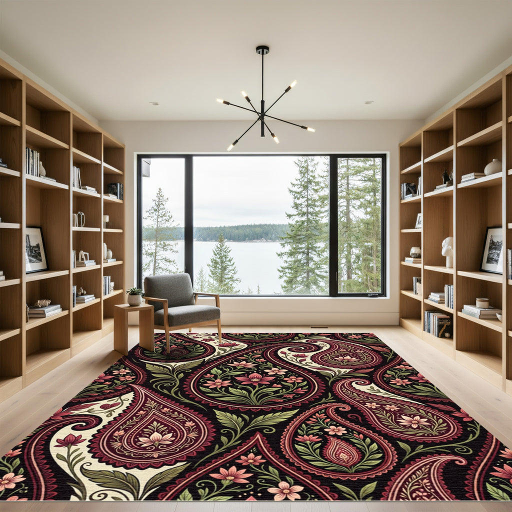 Elegant Burgundy Paisley Floral Tapestry Rug
