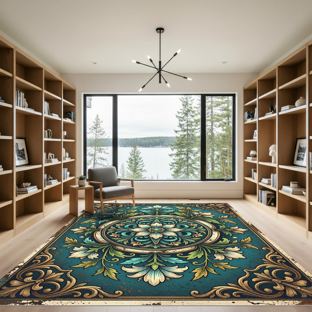 Ornate Teal Floral Damask Medallion Rug