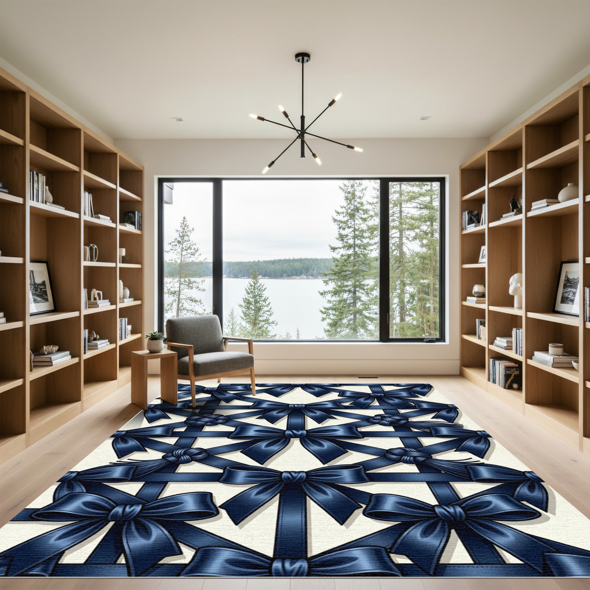 Sophisticated Navy Satin Ribbon Grid Rug