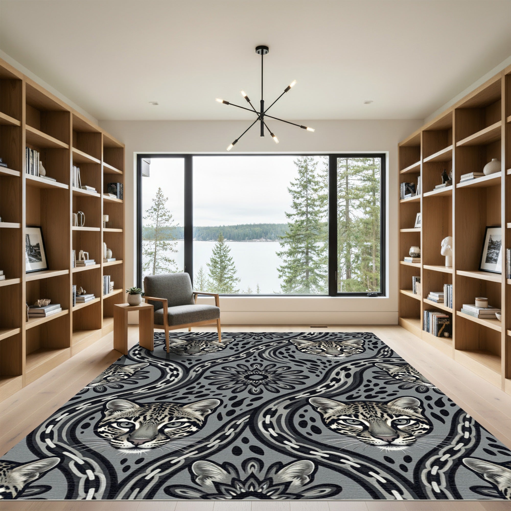 Monochrome Ocelot Chain Link Floral Rug