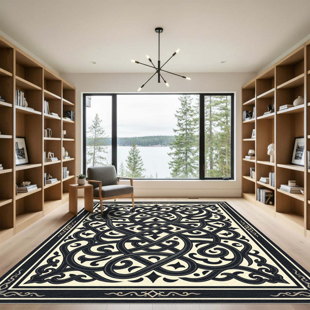 Dark Celtic Knotwork Scrollwork Ivory Rug