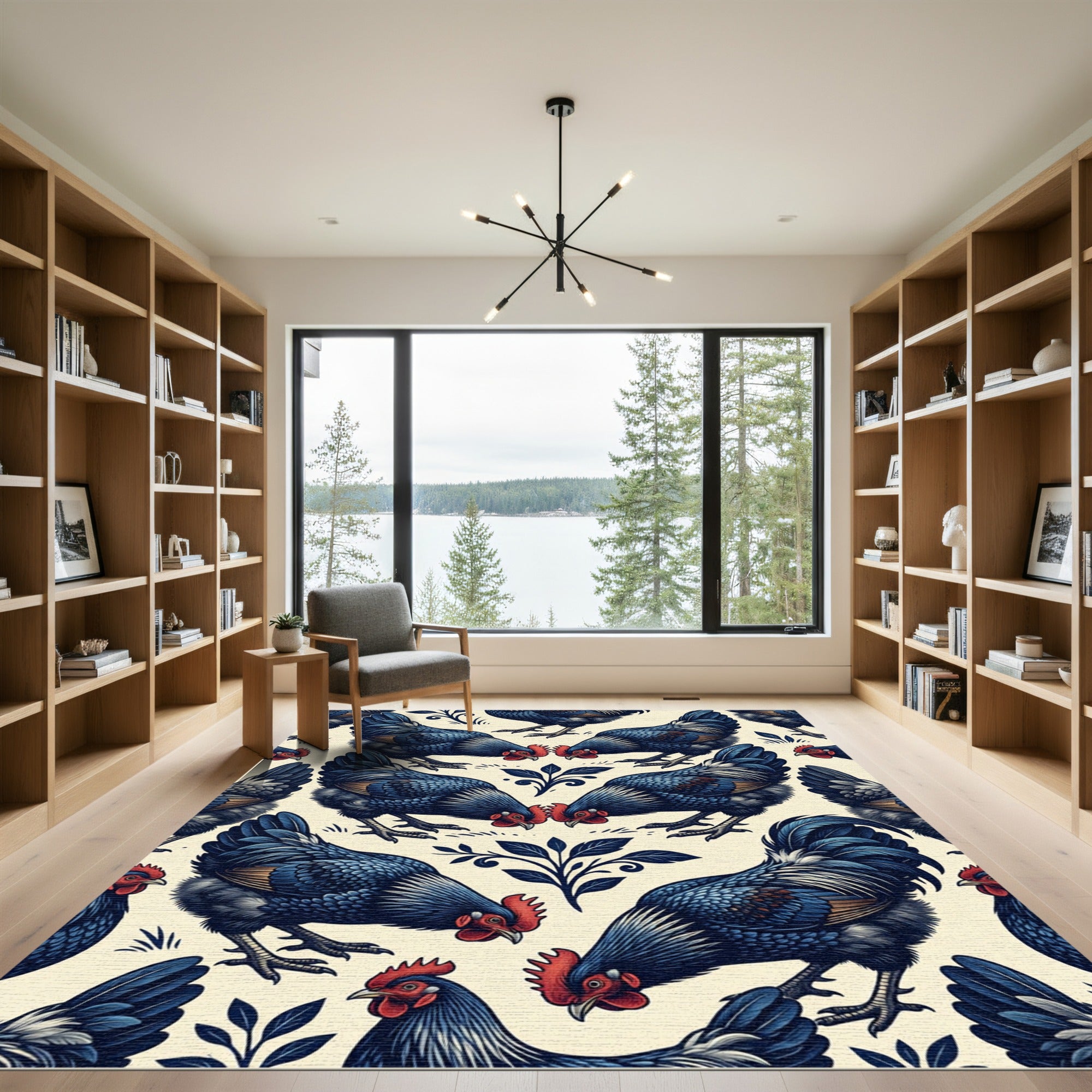 Folk Art Indigo Rooster Floral Tile Rug