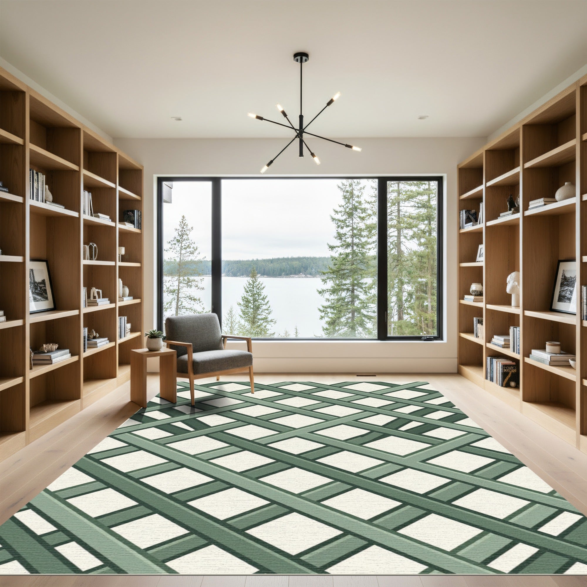 Sage Lattice Intersecting Diagonal Grid Rug