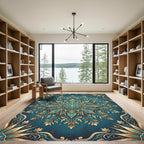Teal and Gold Floral Filigree Medallion Rug
