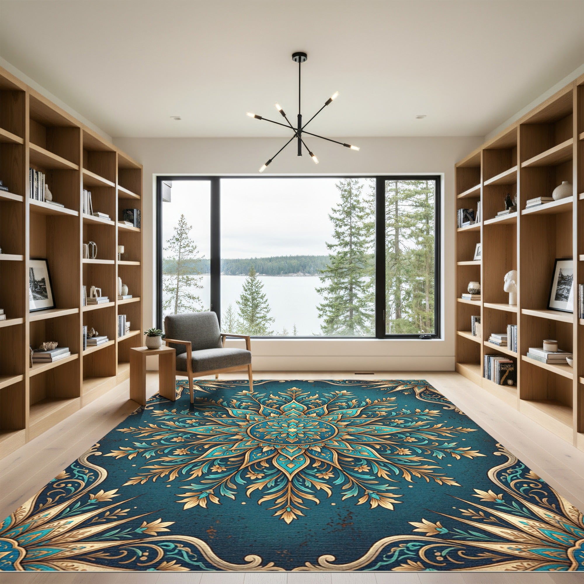 Teal and Gold Floral Filigree Medallion Rug