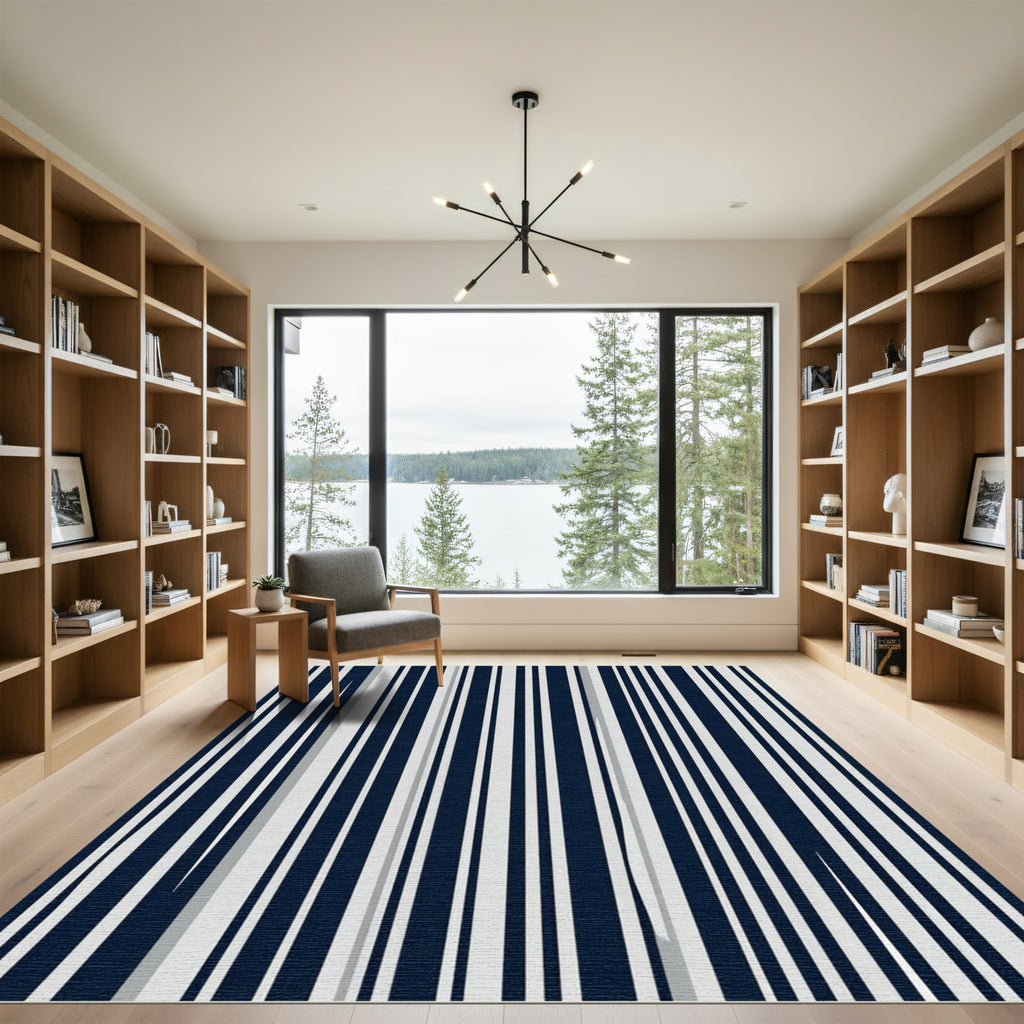 Modern Navy and White Vertical Stripe Rug