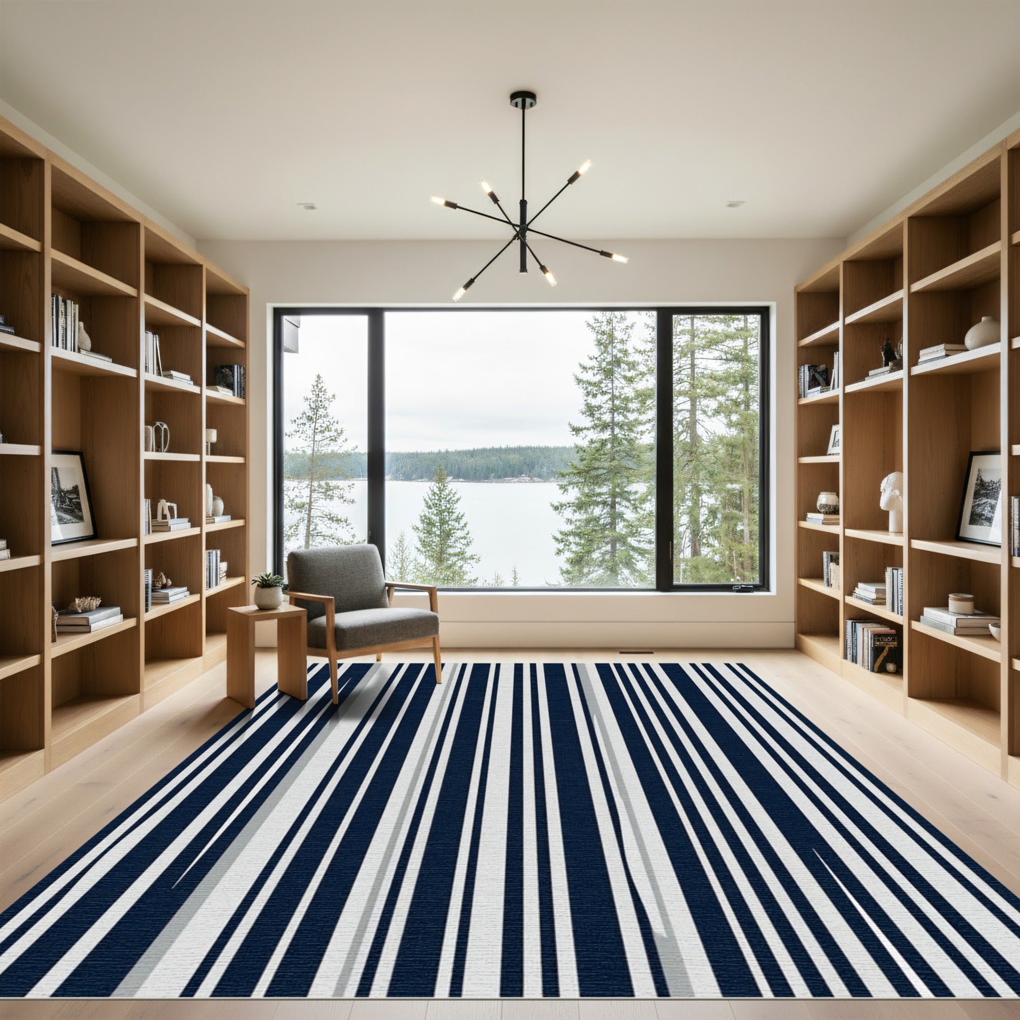 Modern Navy and White Vertical Stripe Rug