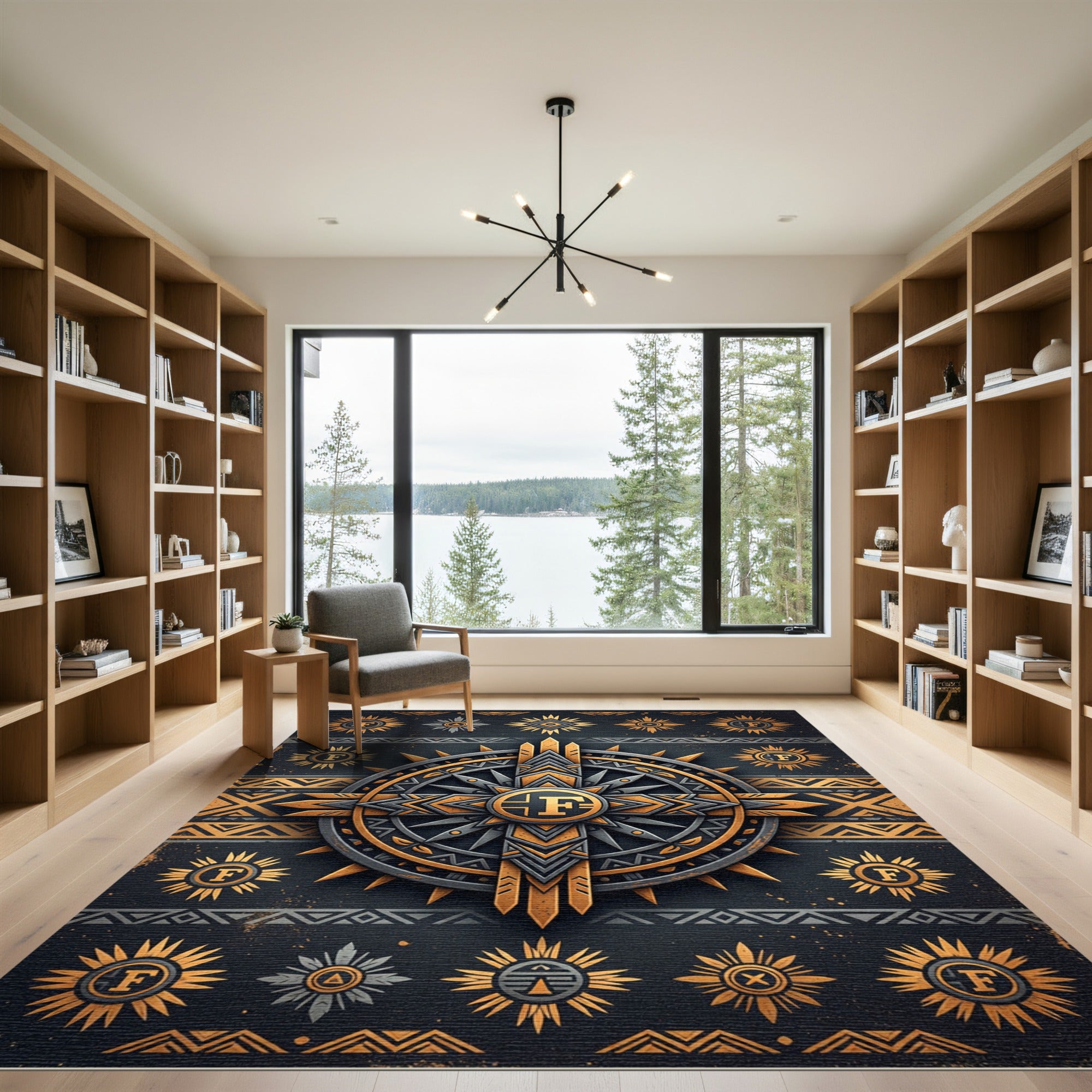Golden Celestial Compass Geometric Art Rug