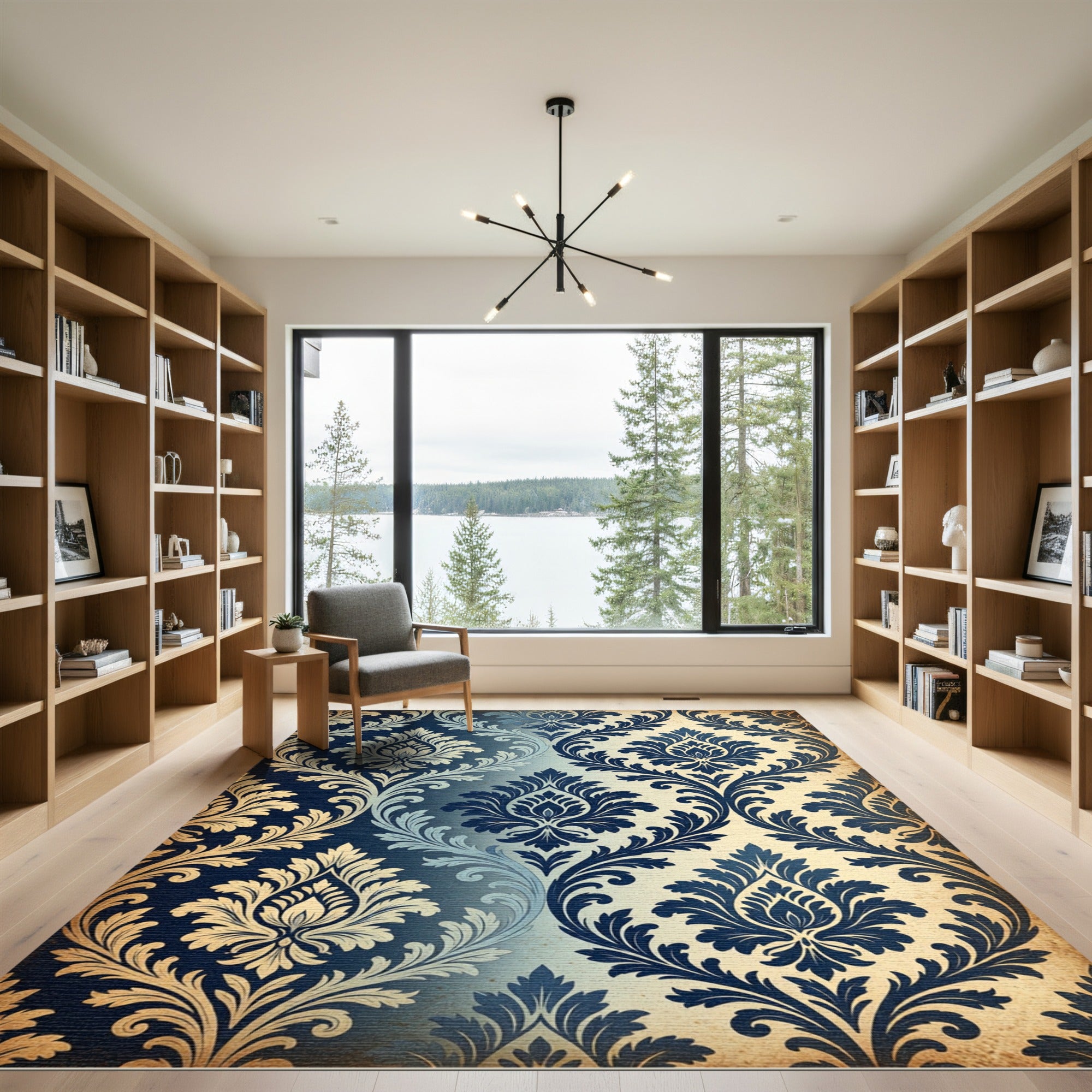 Navy Blue Damask Ornate Scroll Rug