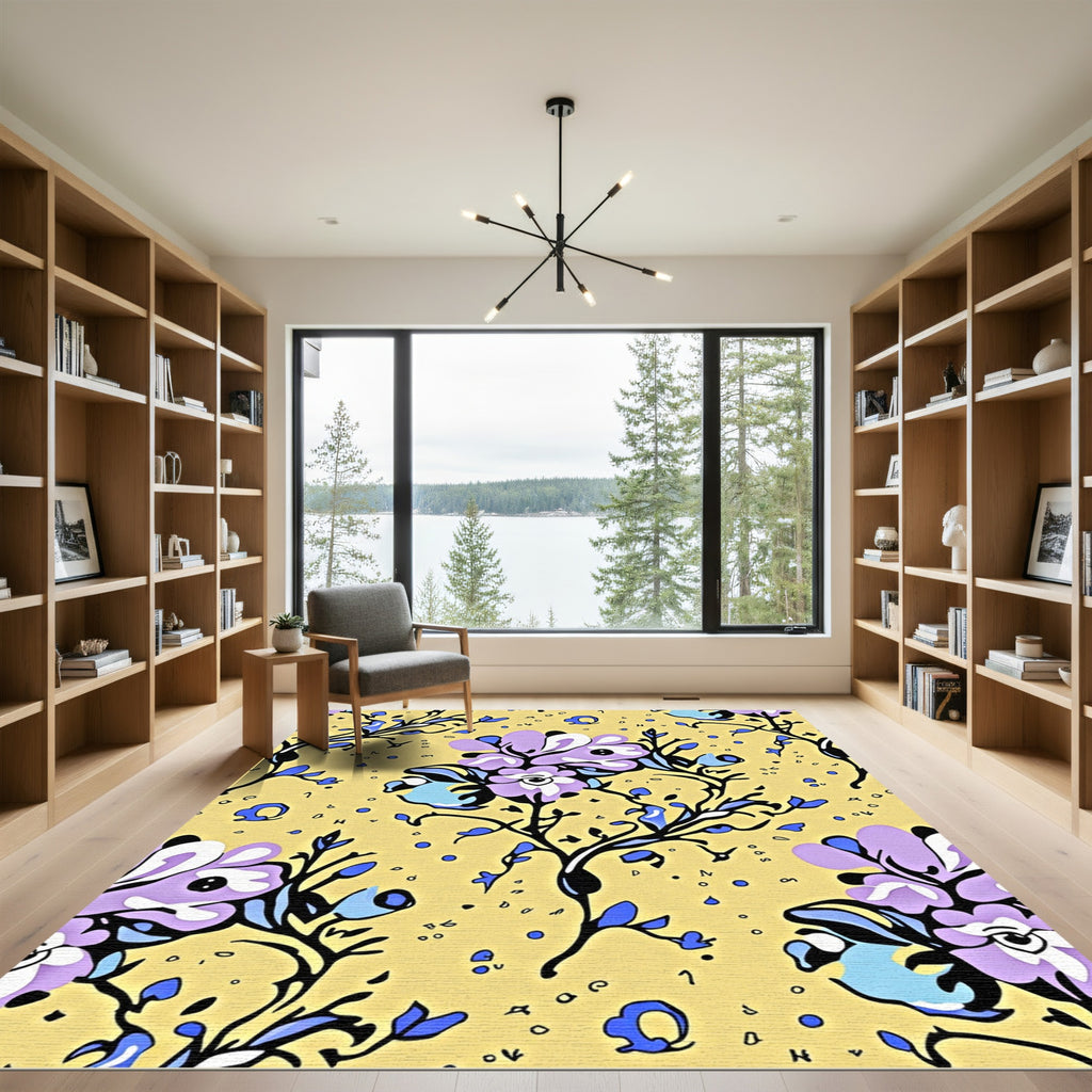 Lavender Lilac Floral Vine Yellow Rug