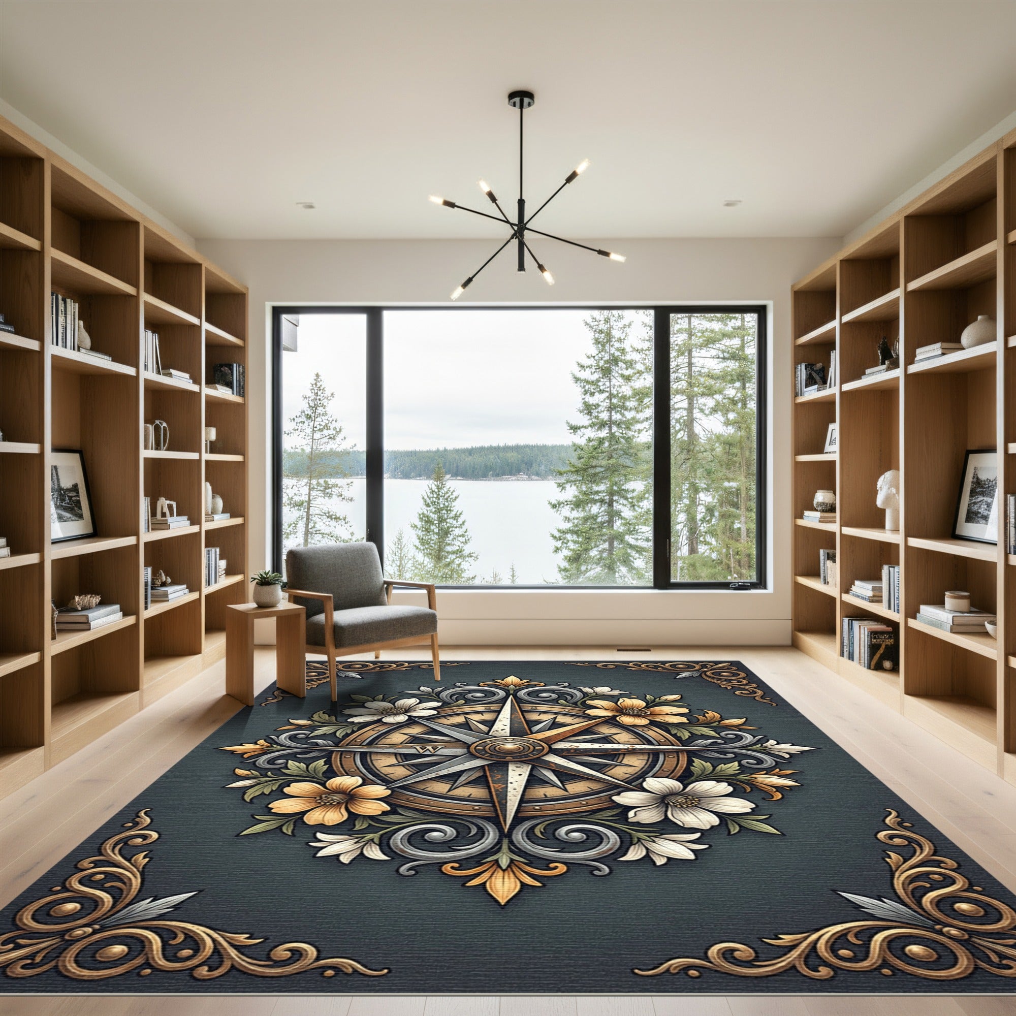 Elegant Gold Compass Floral Medallion Rug