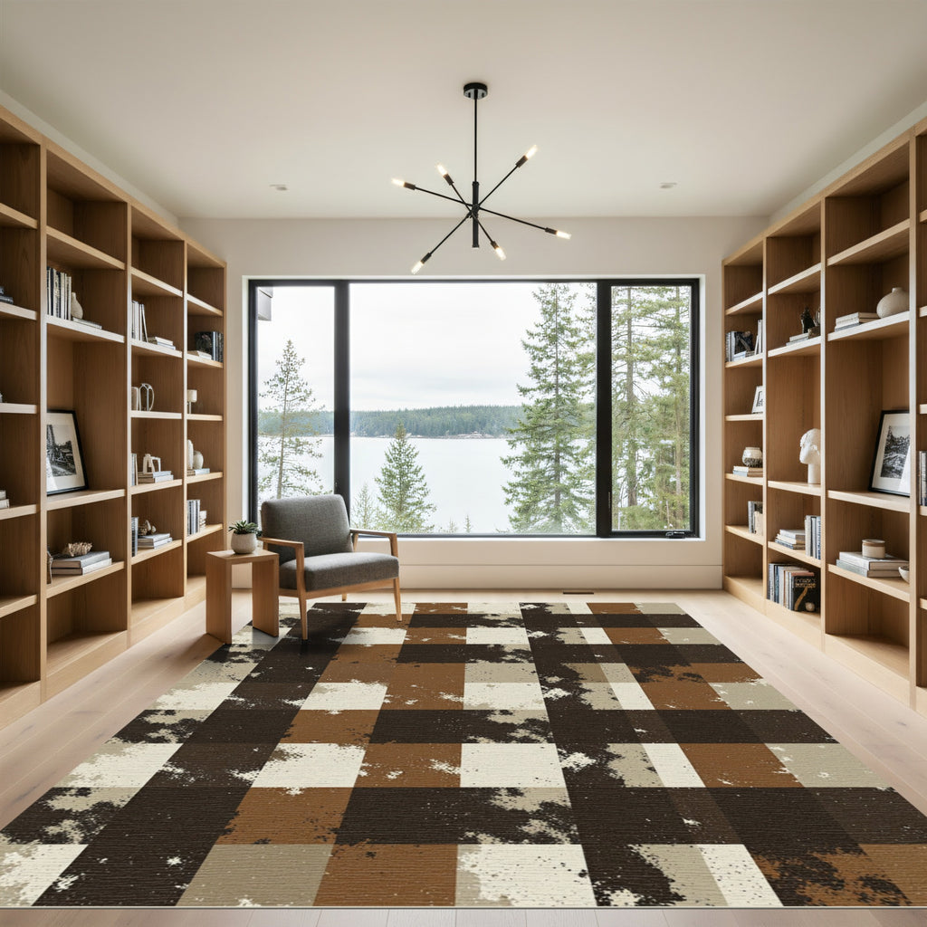 Distressed Earthy Toned Plaid Block Tile Rug