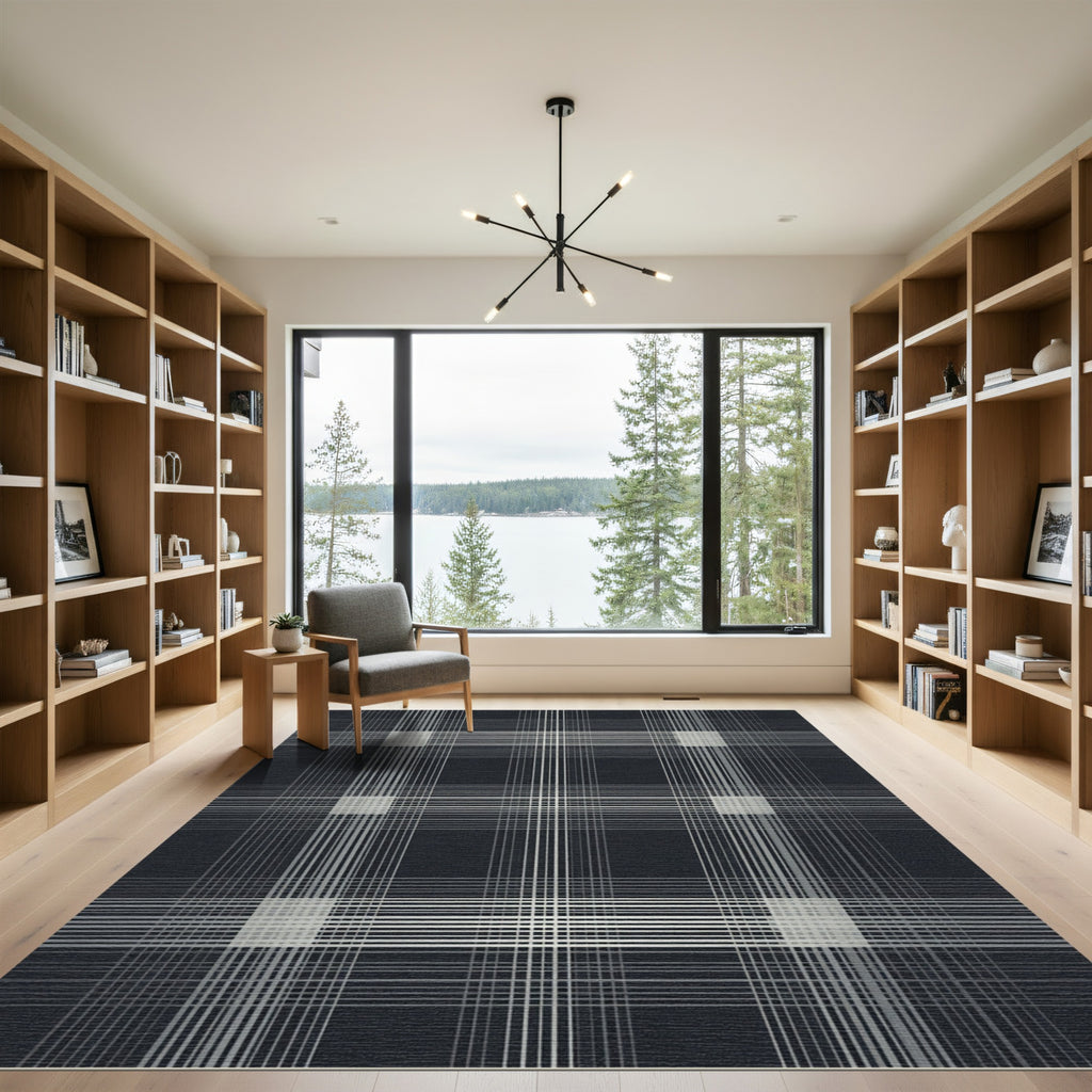 Dark Gray Modern Grid Checkered Rug