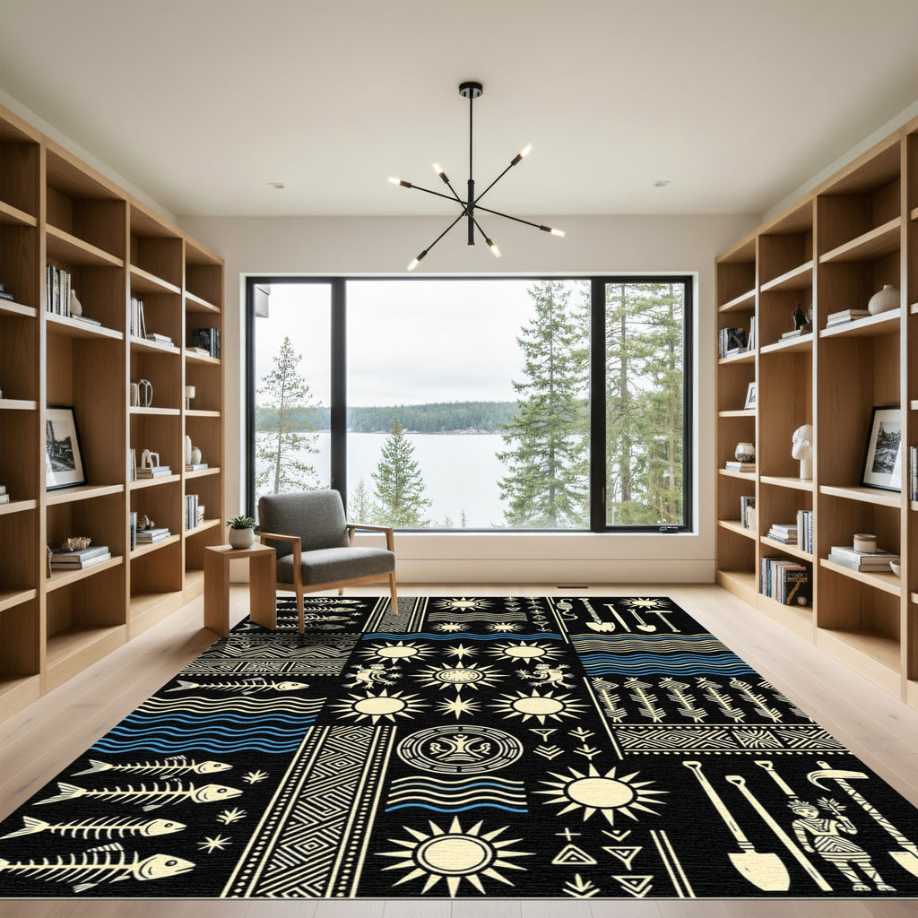 Tribal Sun Fish Wave Imagery Rug