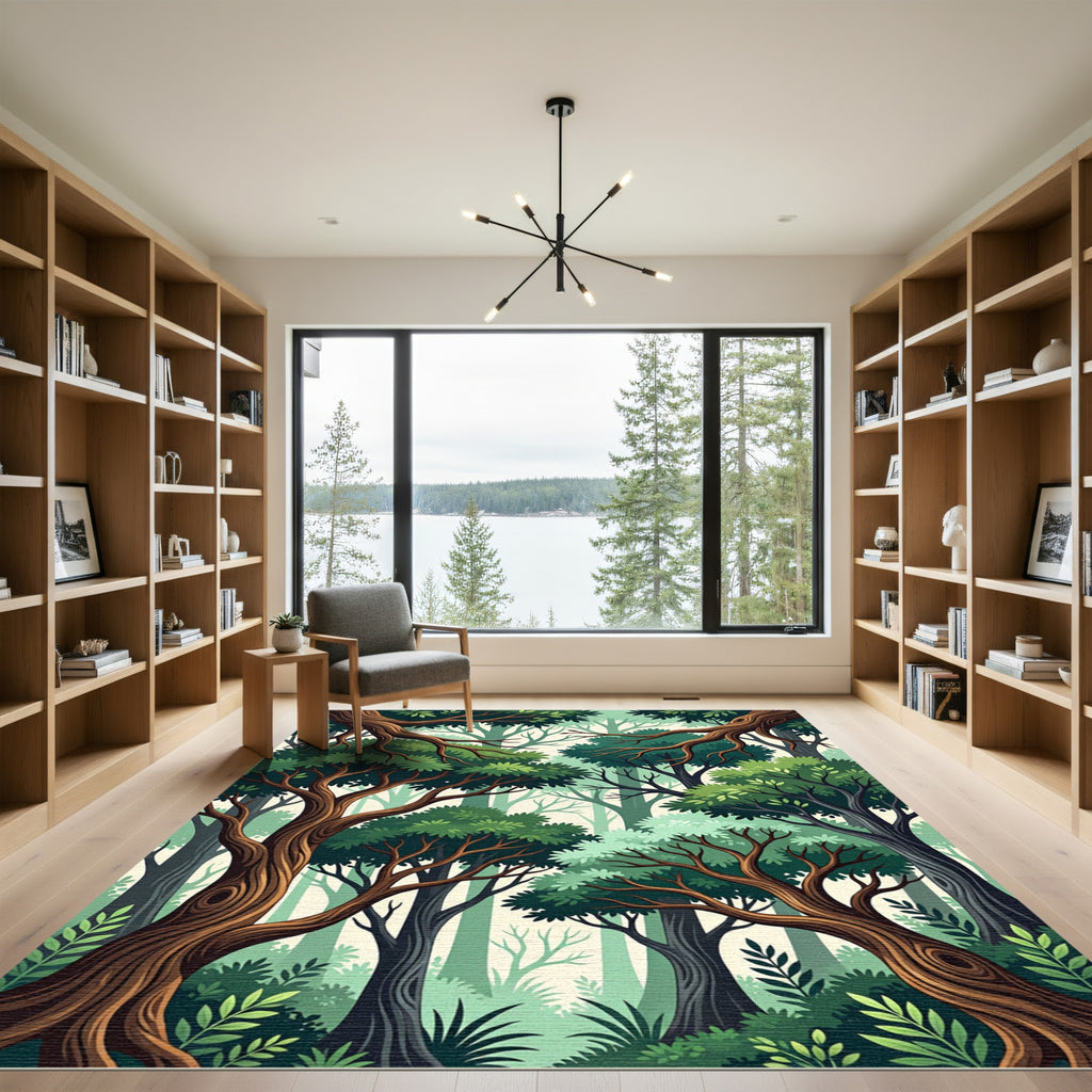 Lush Green Forest Canopy Art Illustration Rug