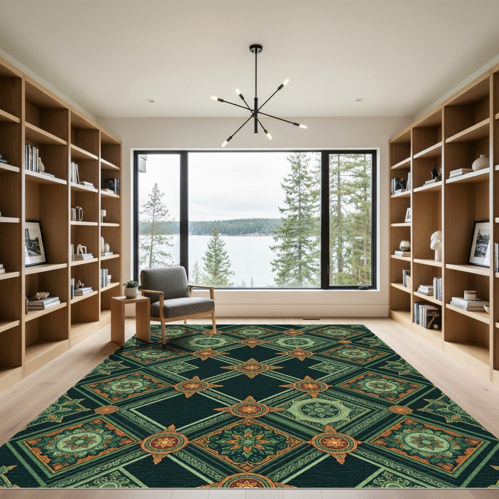 Emerald Geometric Lattice Floral Medallion Rug