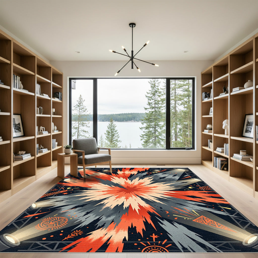 Crimson Orange Burst Spotlight Explosion Rug
