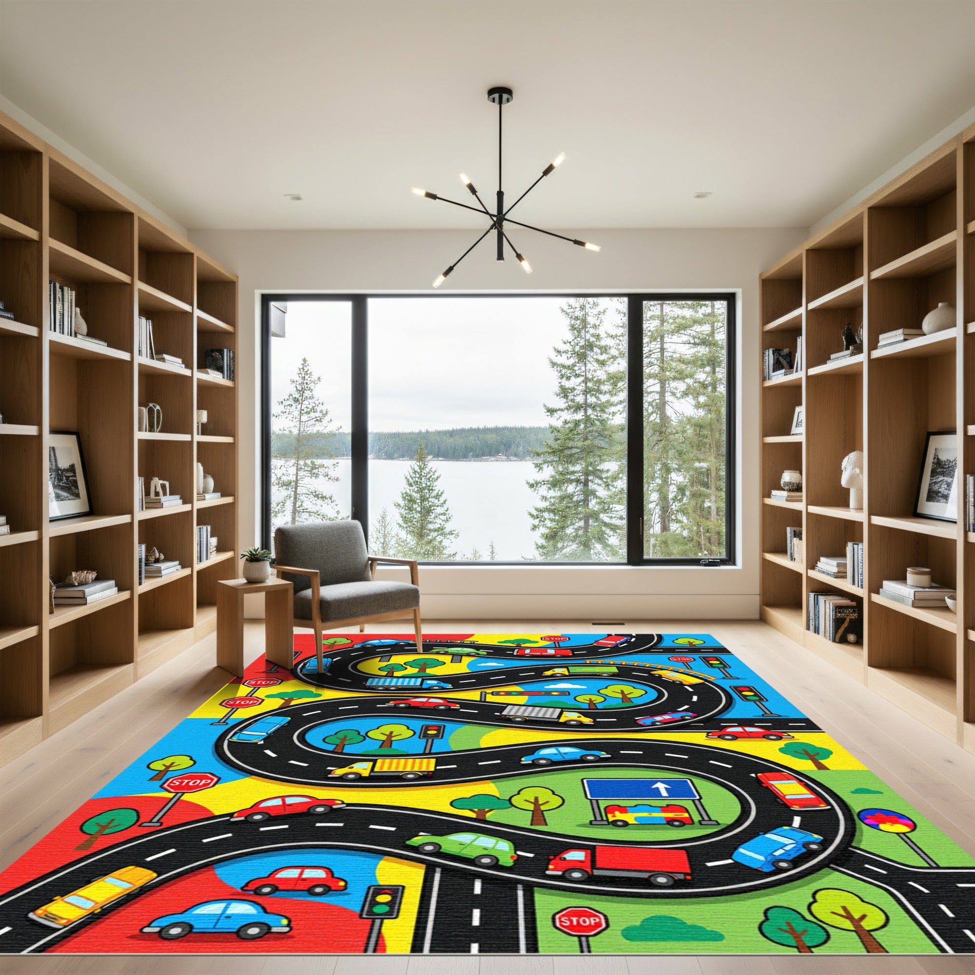 Vibrant Winding Road Traffic Cityscape Rug
