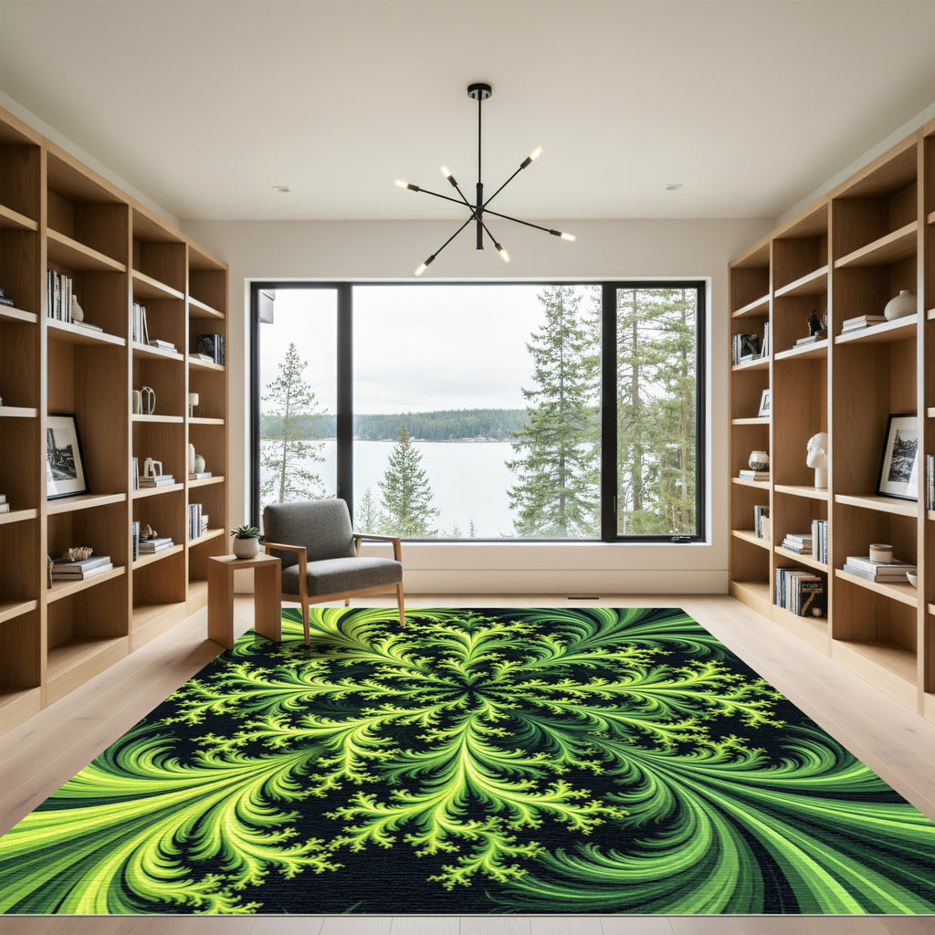 Luminous Lime Fern Fractal Swirl Rug