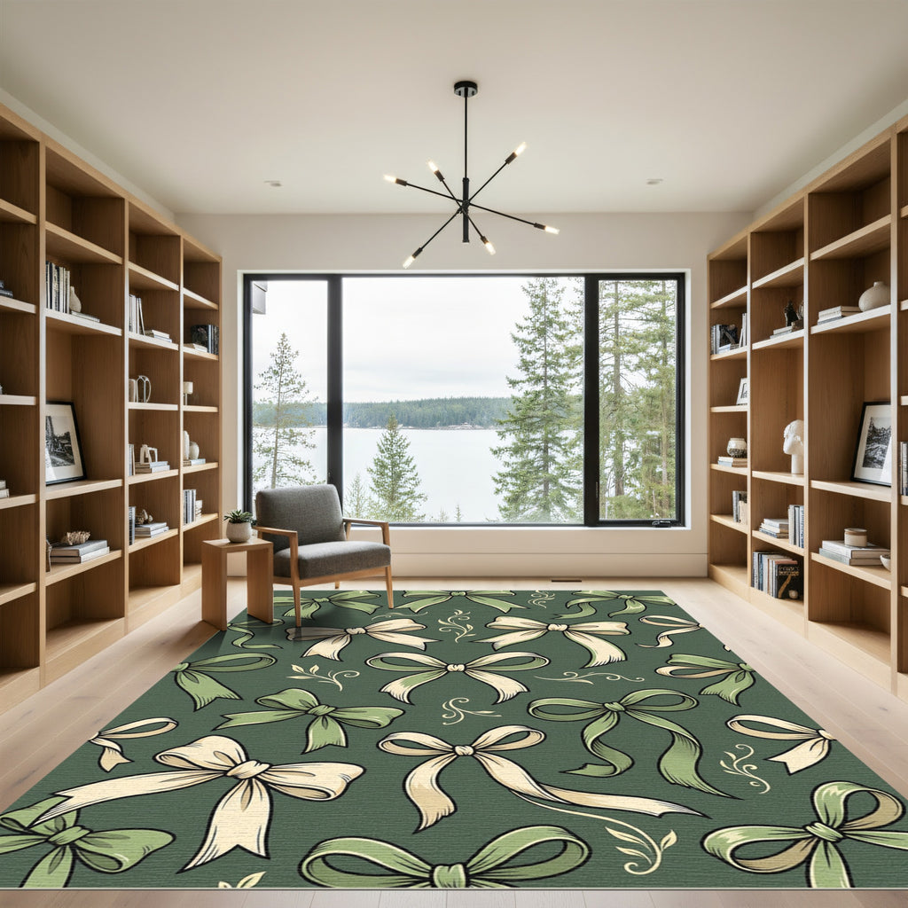 Elegant Sage Cream Bow Floral Accents Rug