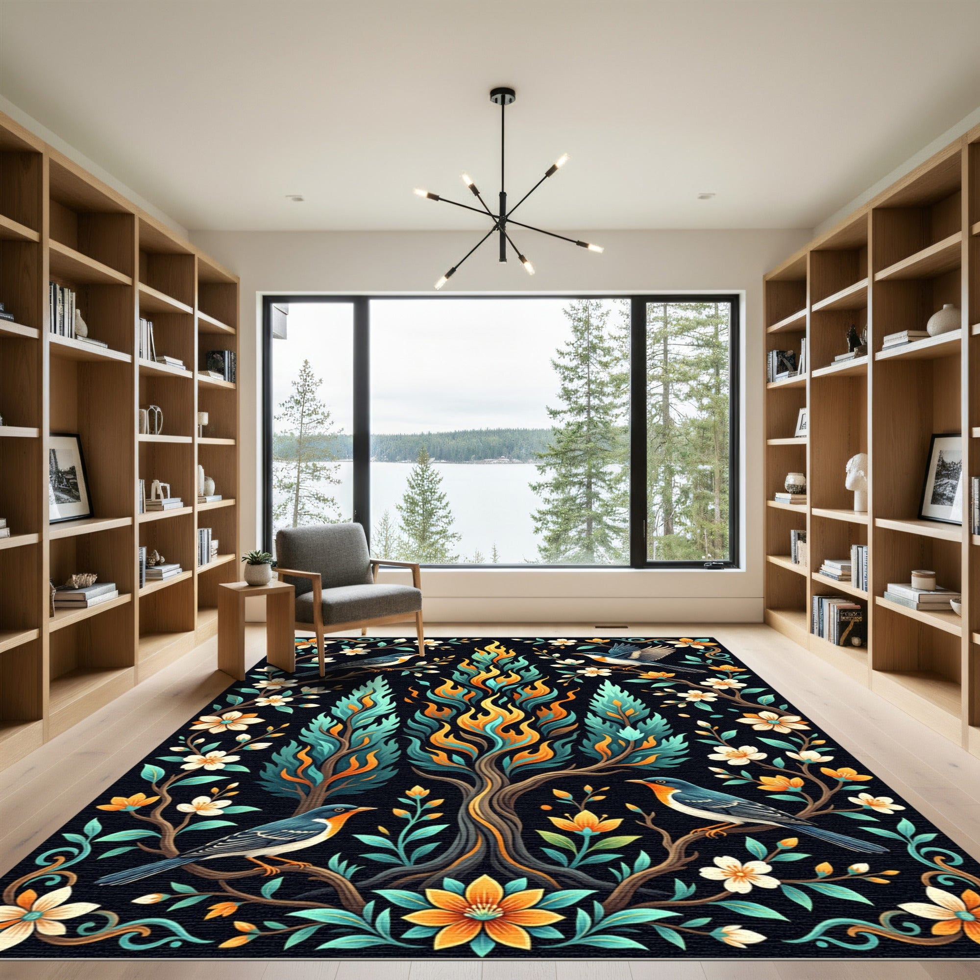 Vibrant Fire Tree Birds Floral Art Rug