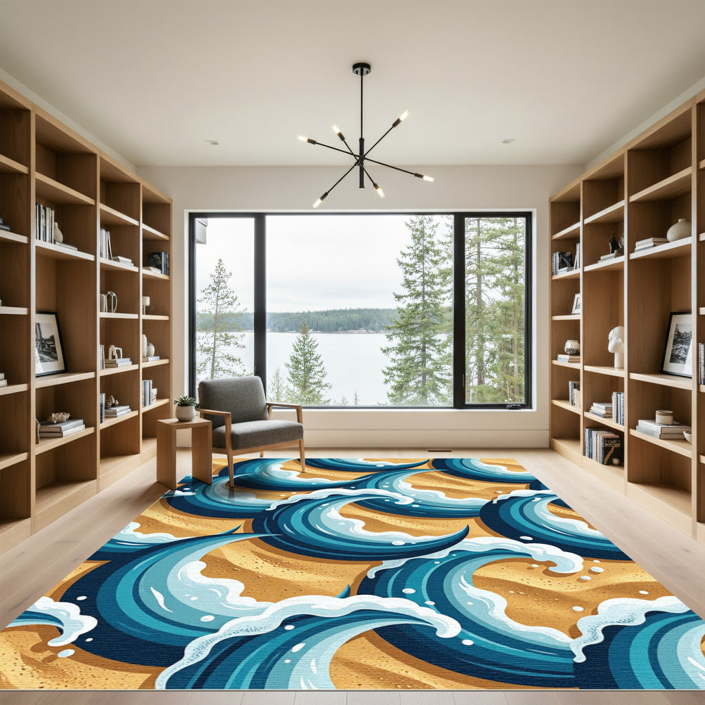 Coastal Blue Overlapping Ocean Wave Decor Rug
