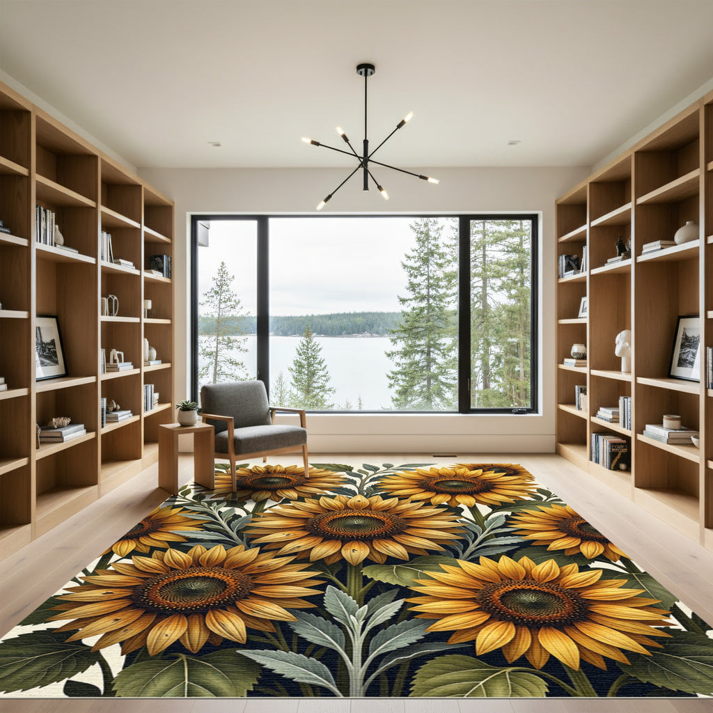 Lush Golden Sunflower Botanical Illustration Rug