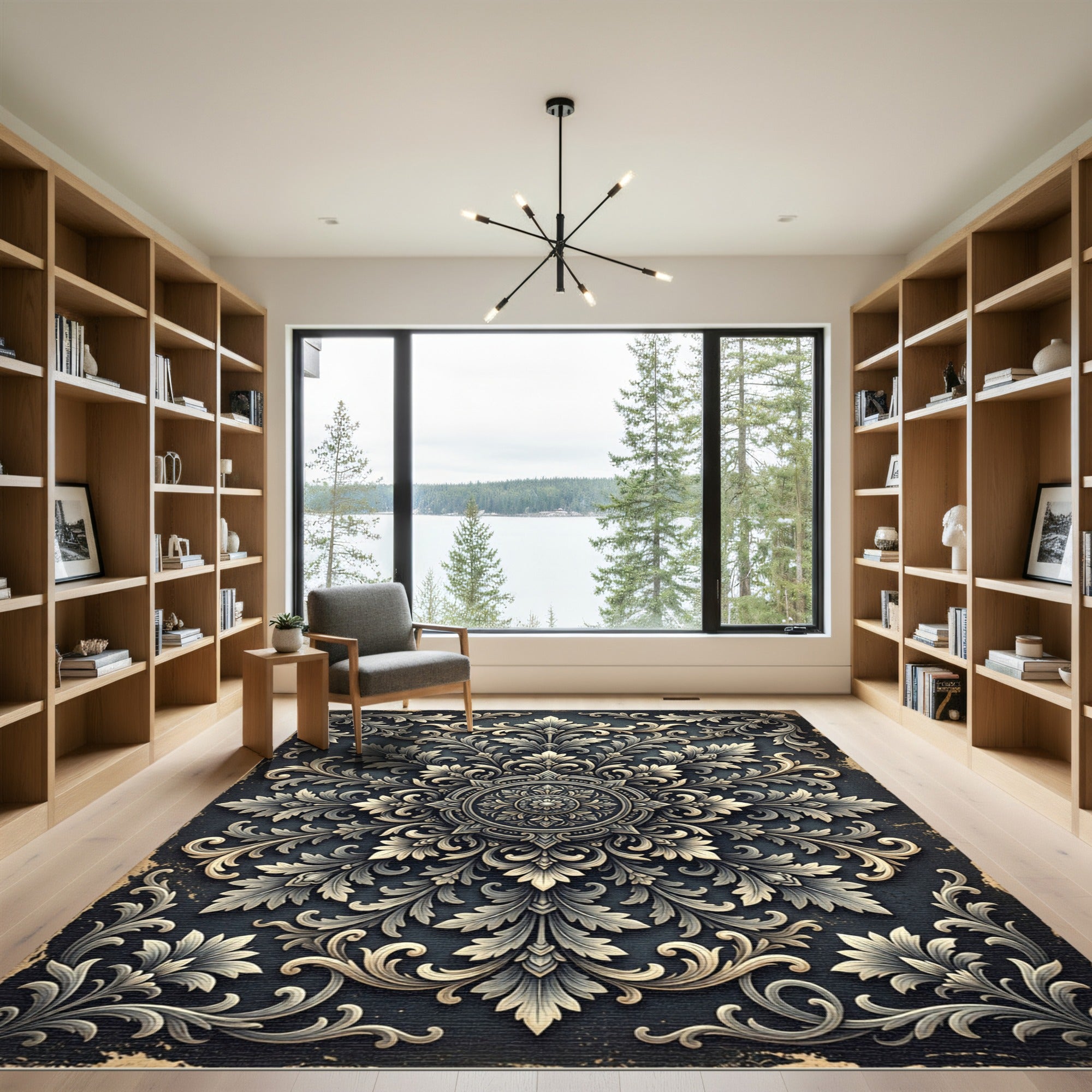 Intricate Charcoal Silver Filigree Medallion Rug