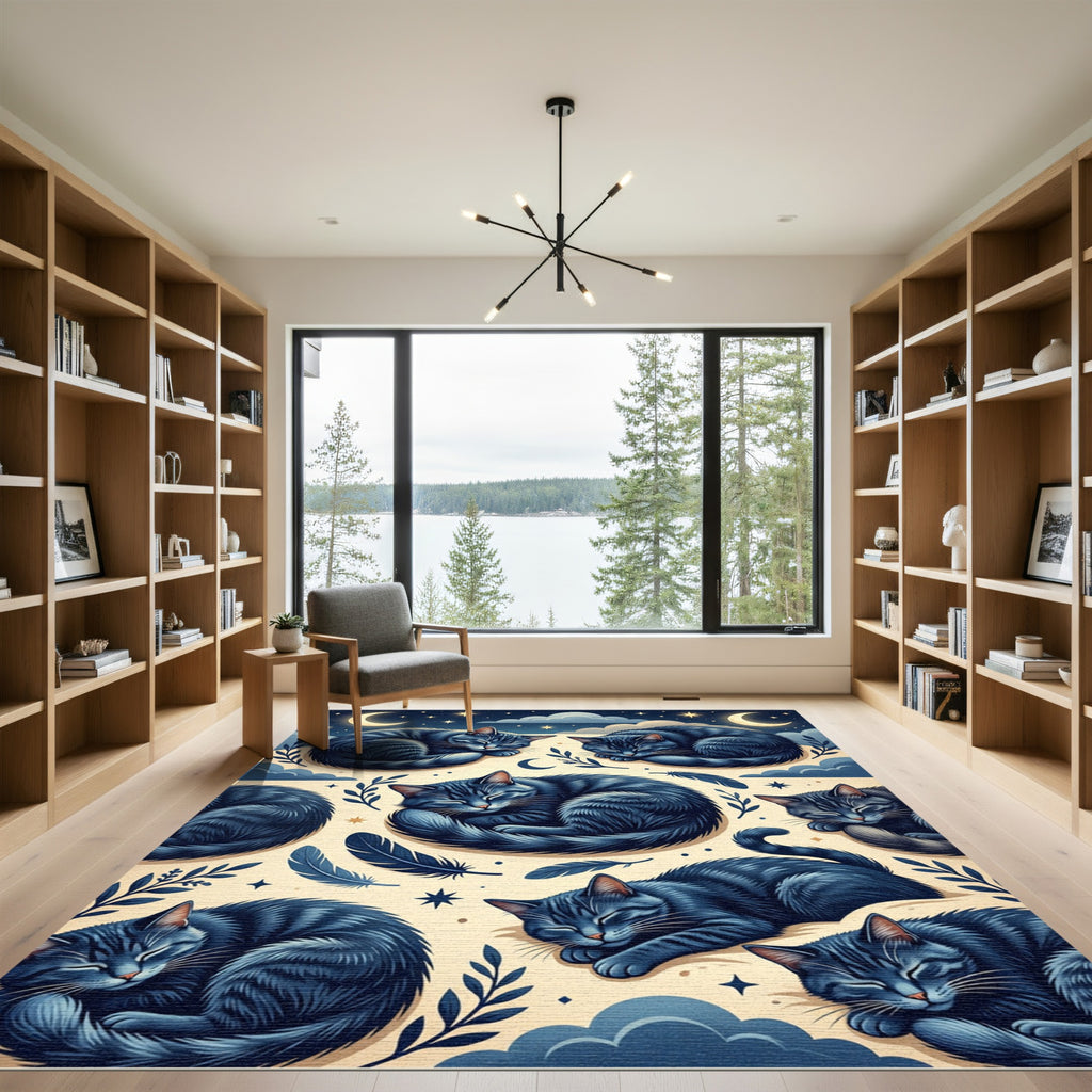 Whimsical Midnight Blue Sleeping Cat Celestial Rug
