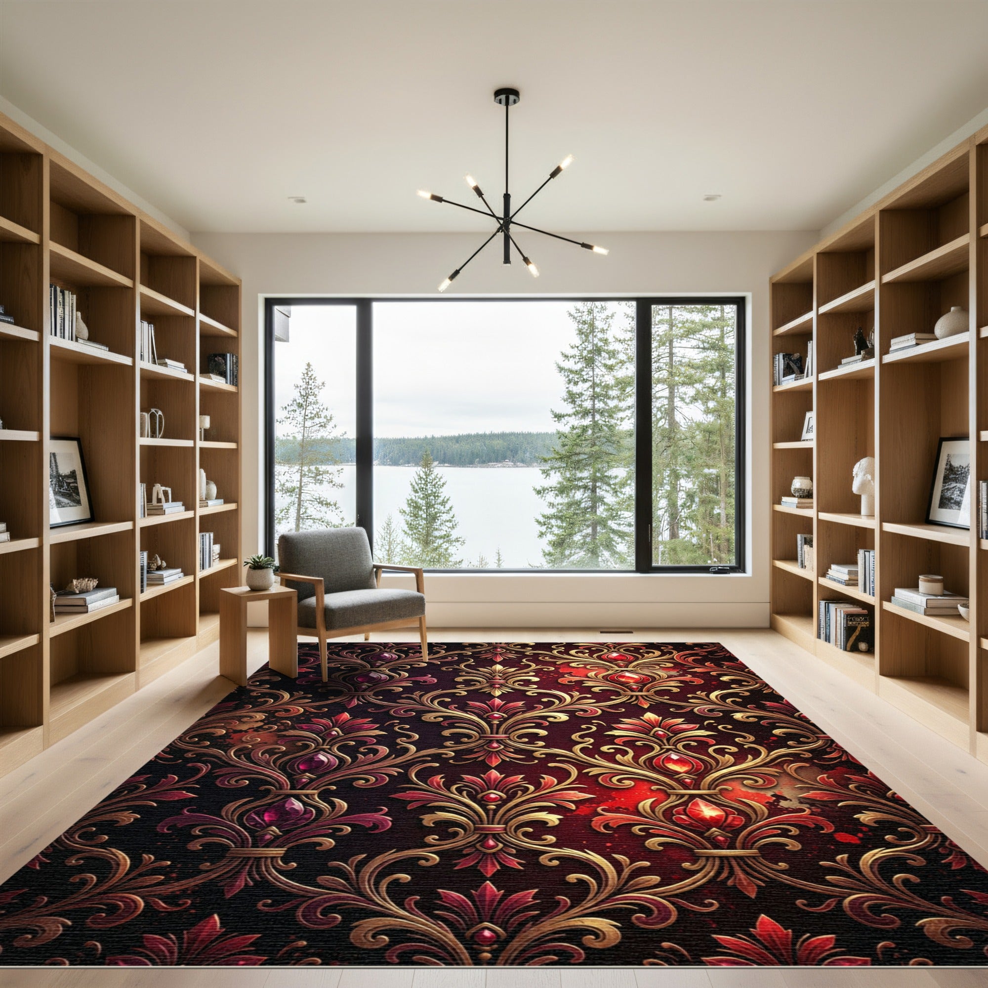 Regal Crimson Gold Floral Jewel Rug