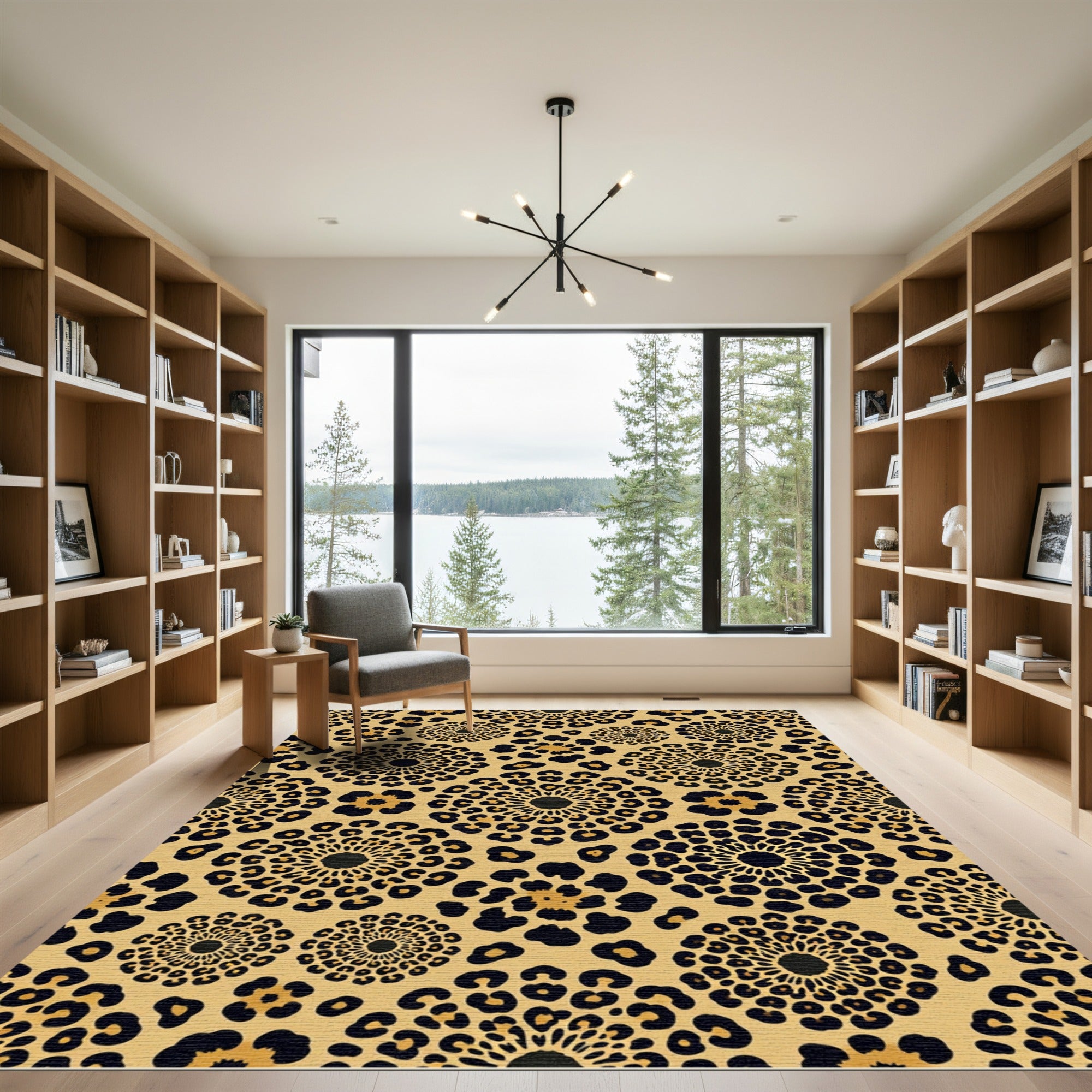 Golden Leopard Floral Mandala Rug