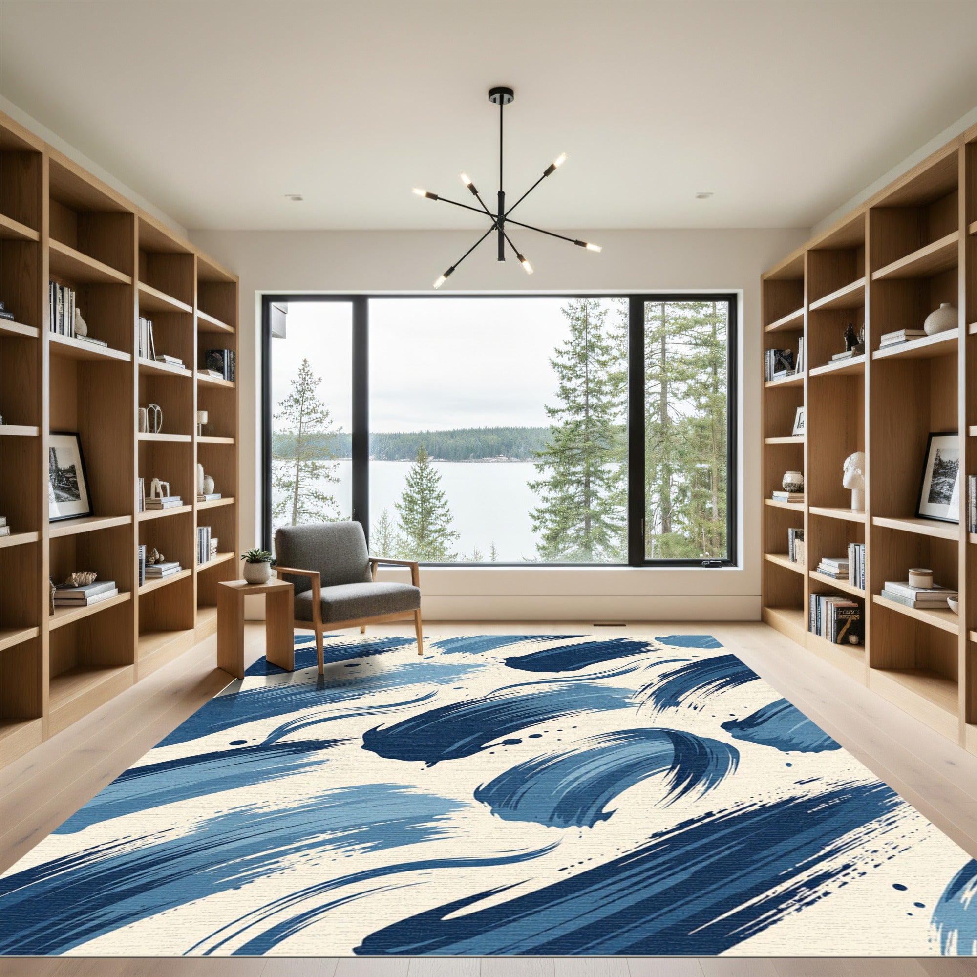 Modern Indigo Blue Abstract Brushstroke Rug