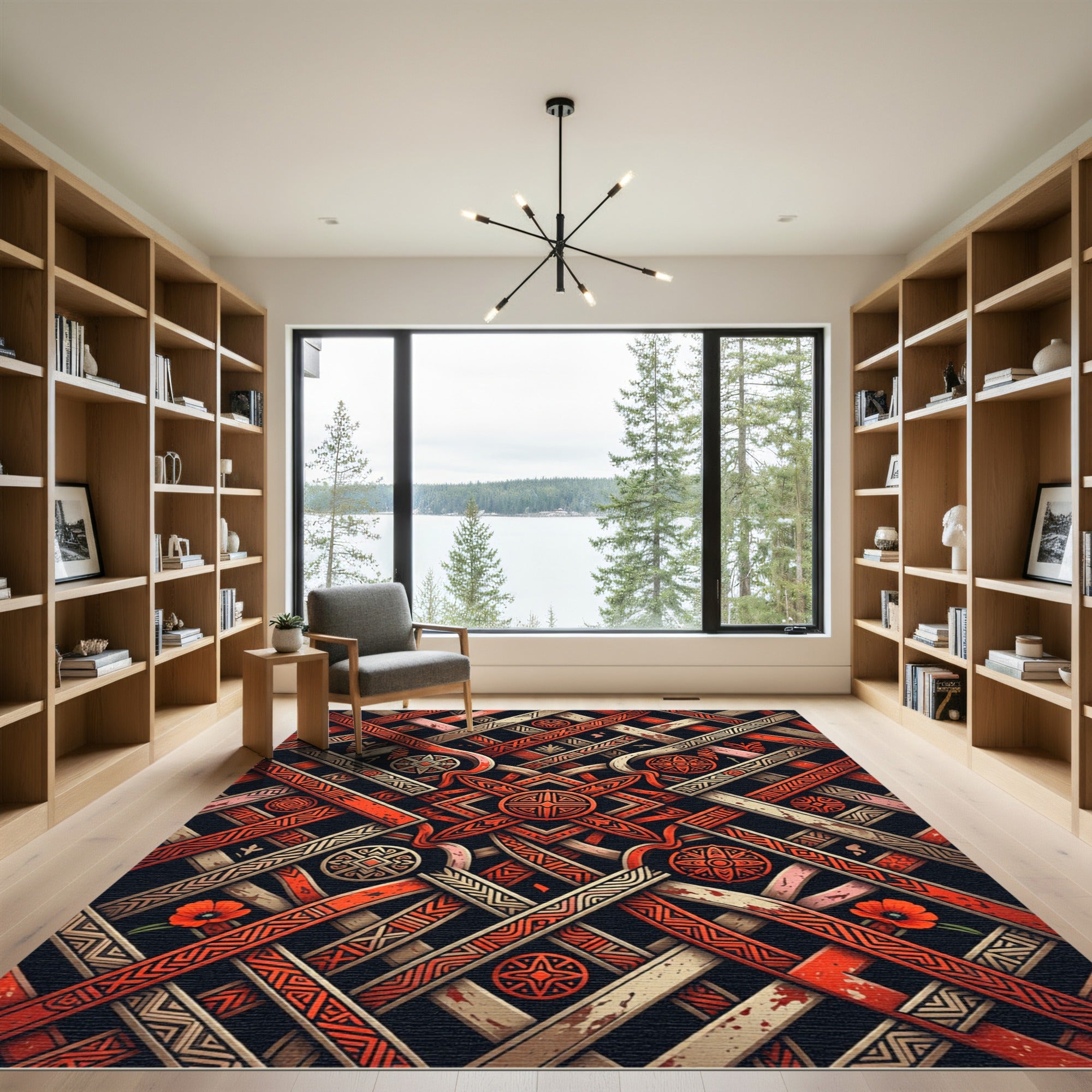 Geometric Crimson Woven Interlocking Lattice Rug