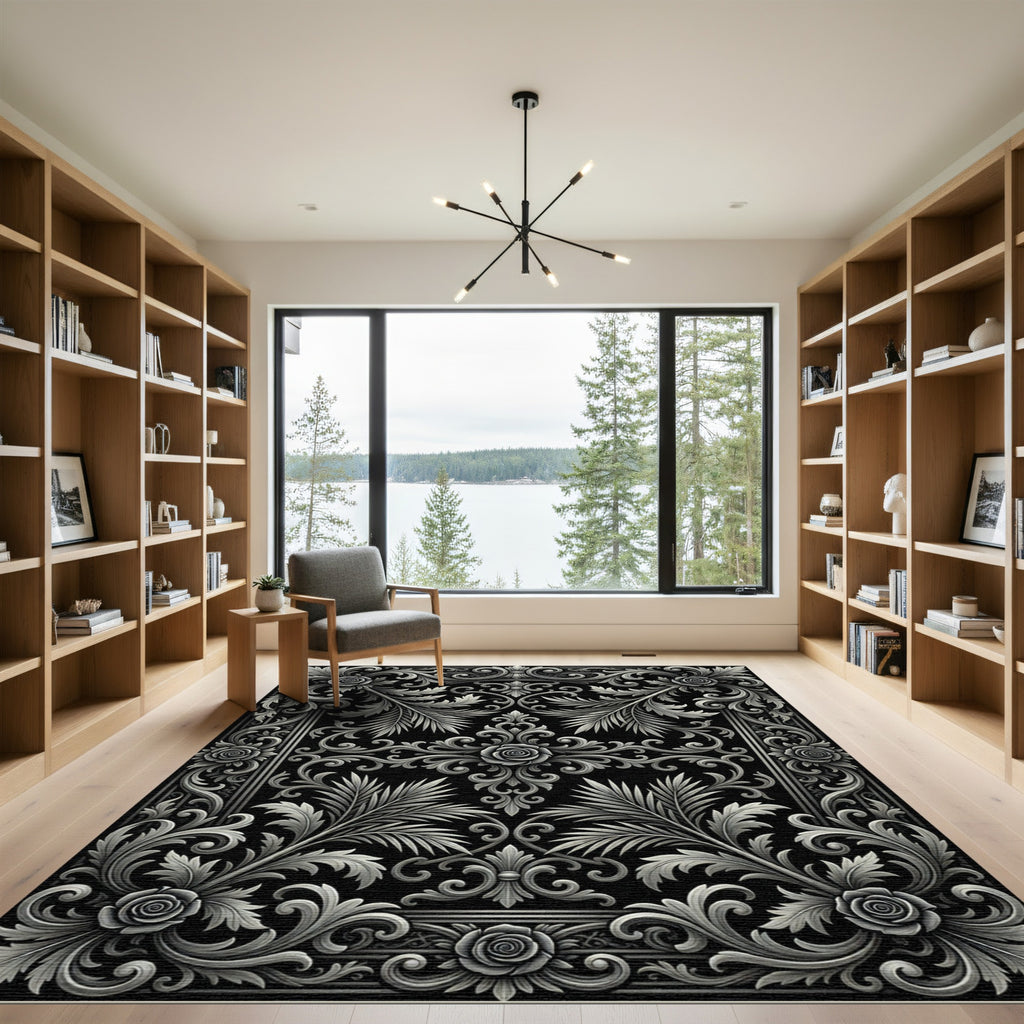 Ornate Silver Floral Swirl Border Rug