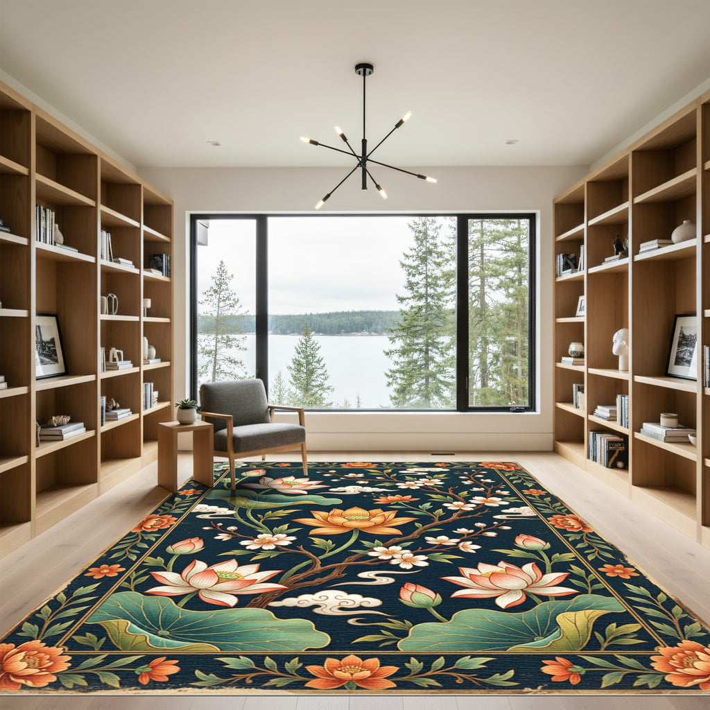 Elegant Navy Lotus Blossom Botanical Rug